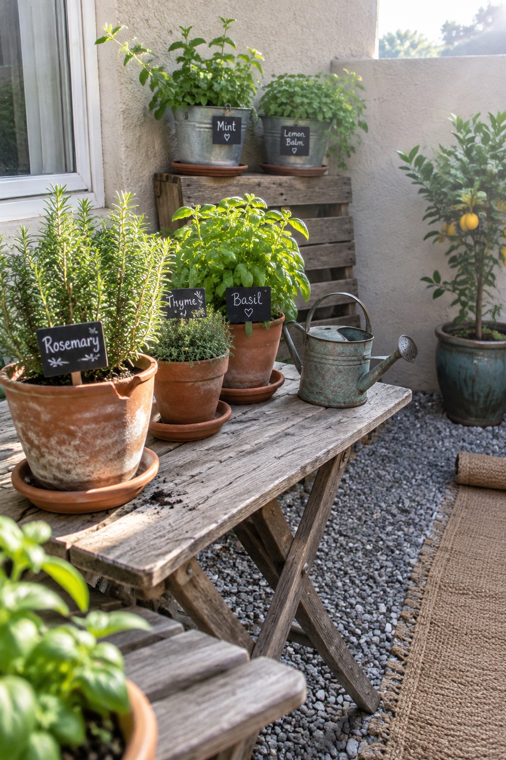 Potted rosemary, thyme, basil, mint, and lemon balm sit on a weathered wooden table in a small patio garden.