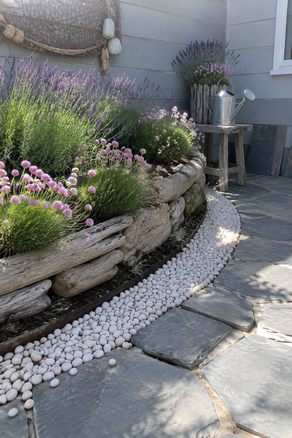 A curved raised flower bed edged with stones and weathered wood beside a white pebble strip and slate patio.