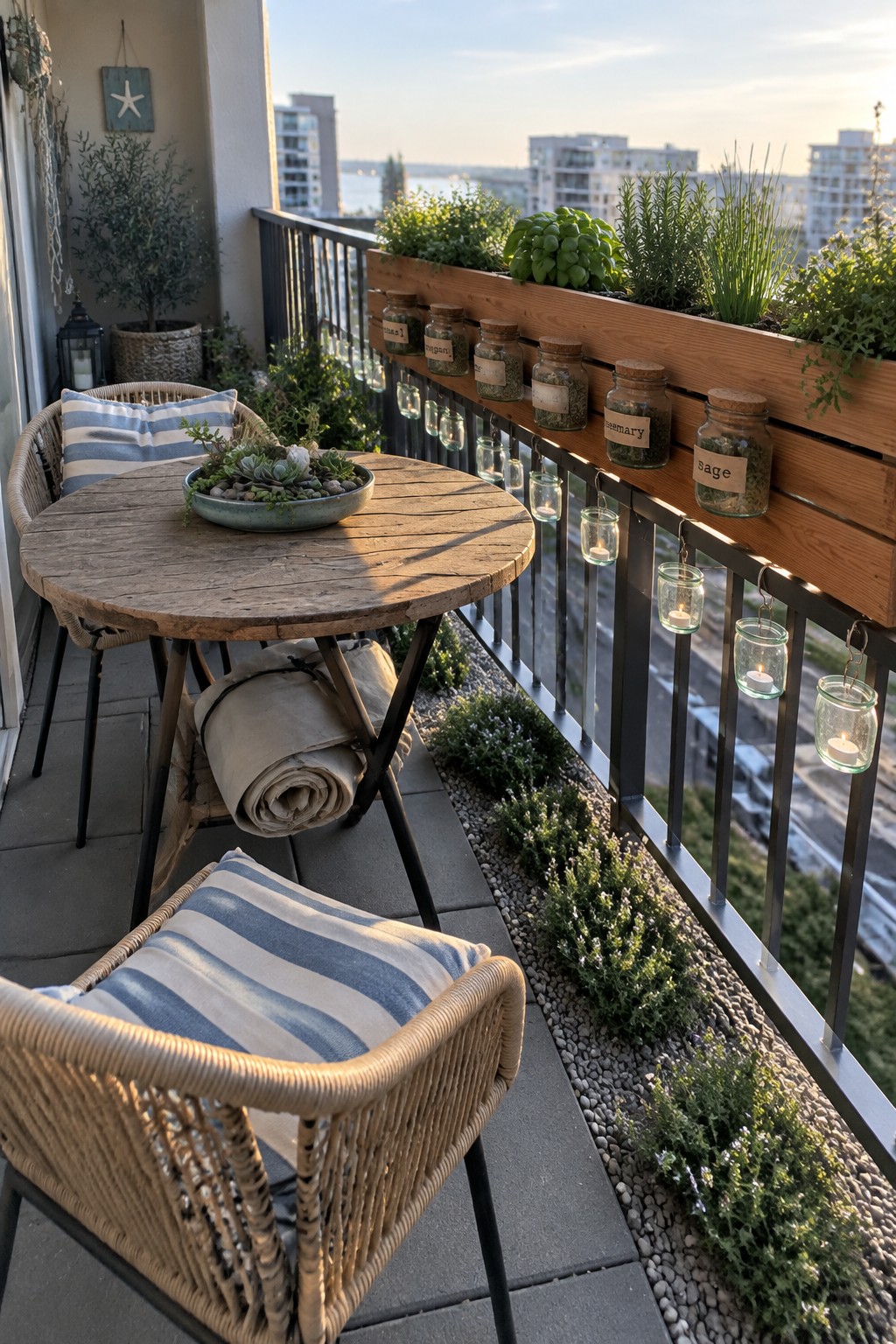 A small balcony with wicker chairs, a round wooden table, herb planters along the railing, and hanging glass candle holders.