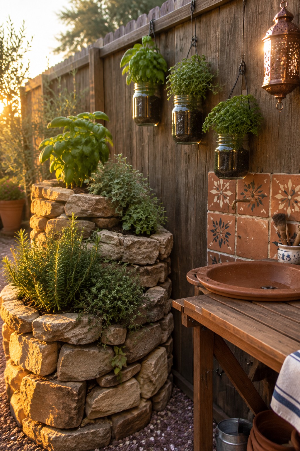 A tiered stone herb planter stands beside a wooden fence, with herbs growing in hanging glass jars and a terracotta sink on a wooden stand.
