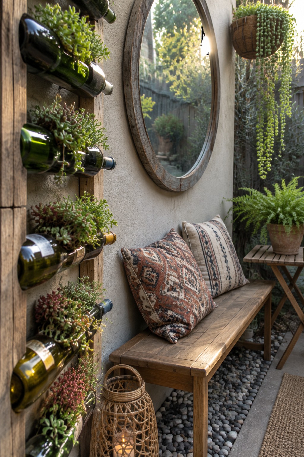 Green glass bottles filled with succulents are mounted horizontally on a patio wall beside a wooden bench.