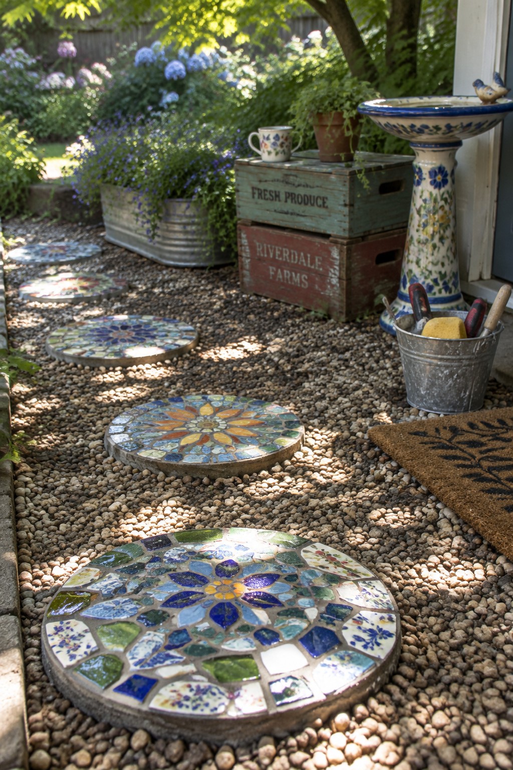 Round mosaic stepping stones form a path across gravel beside garden plants and stacked wooden crates.
