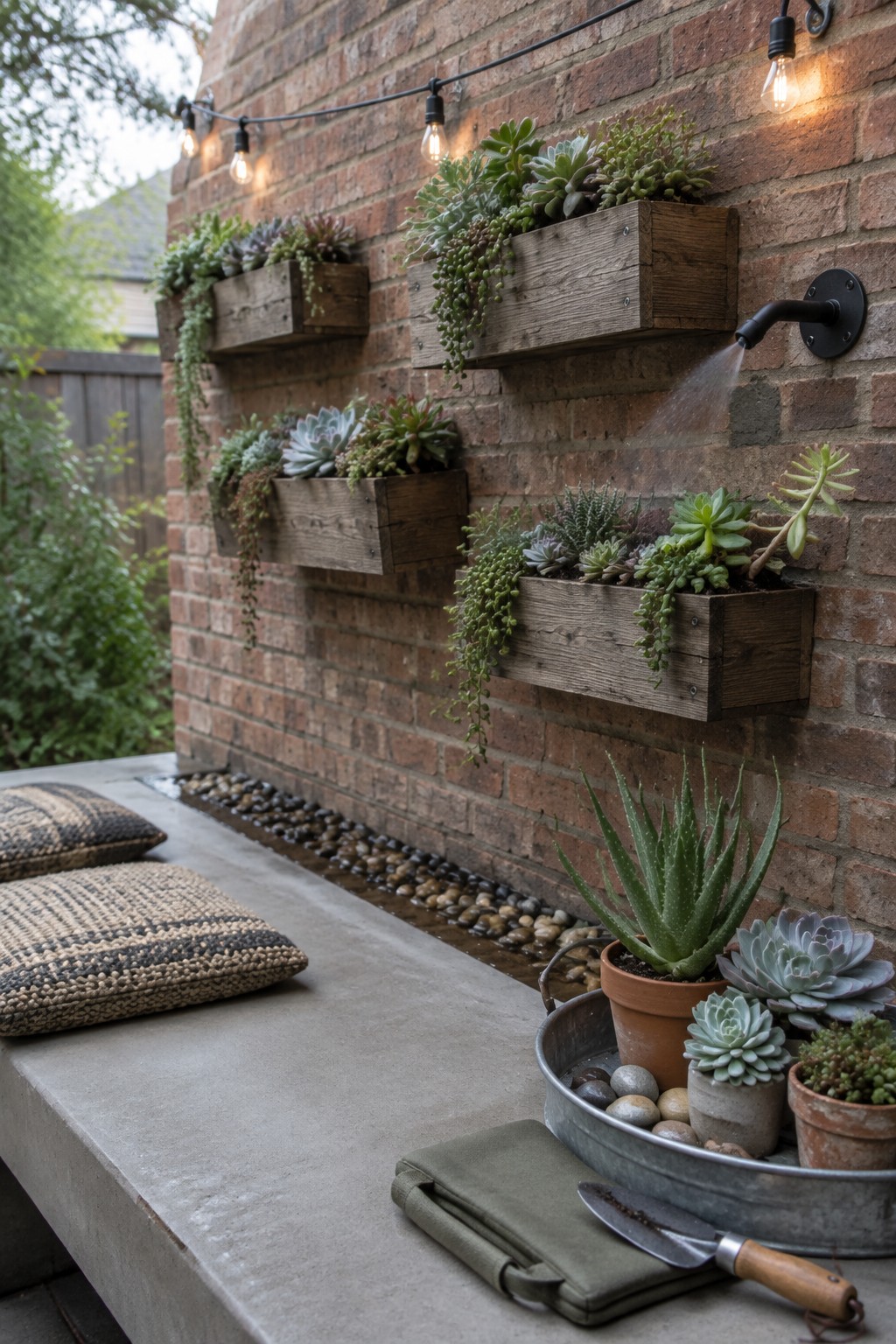 Wooden boxes filled with succulents hang on a brick patio wall above a concrete bench.
