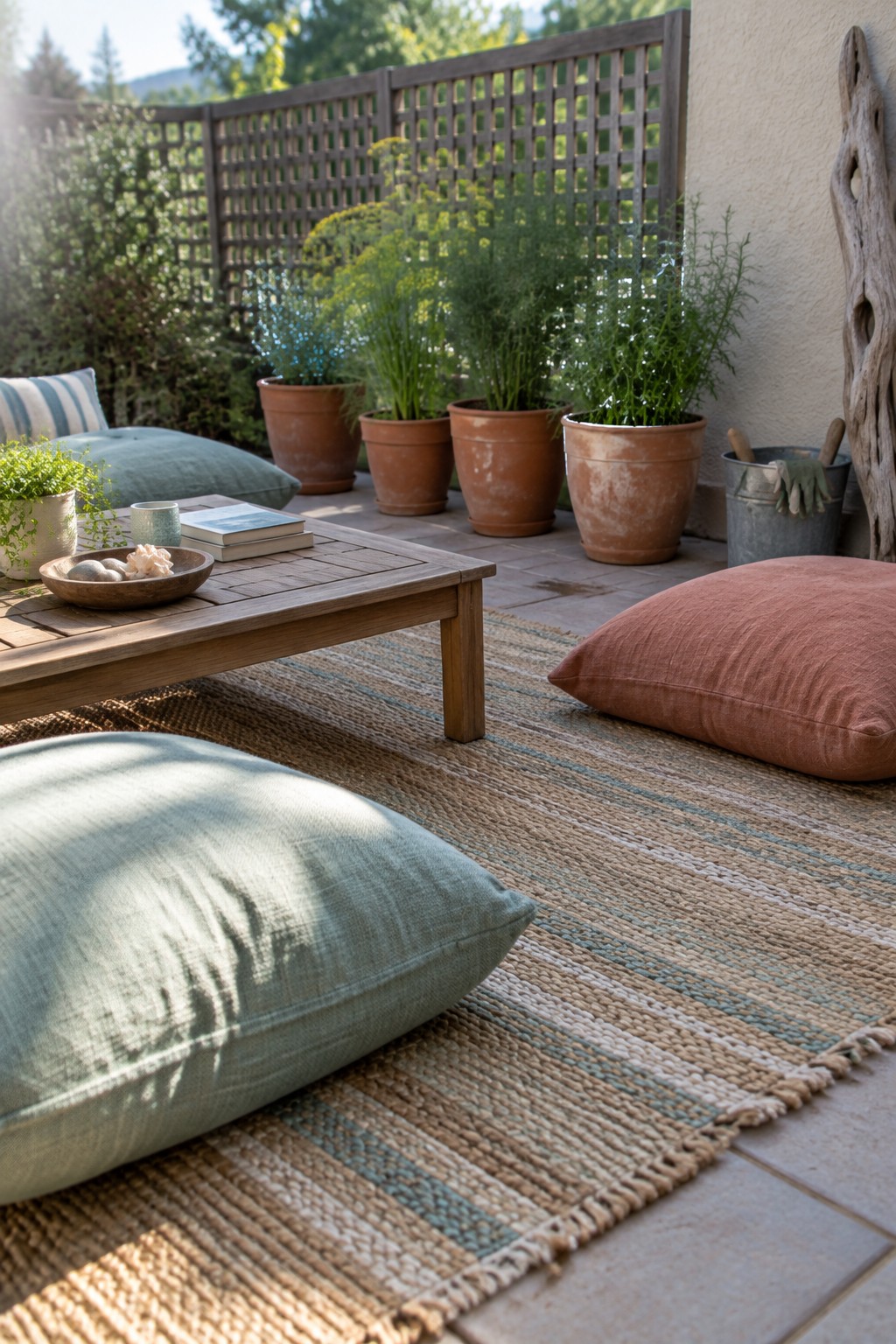Terracotta pots of herbs sit beside a wooden patio table and floor cushions on a woven rug.