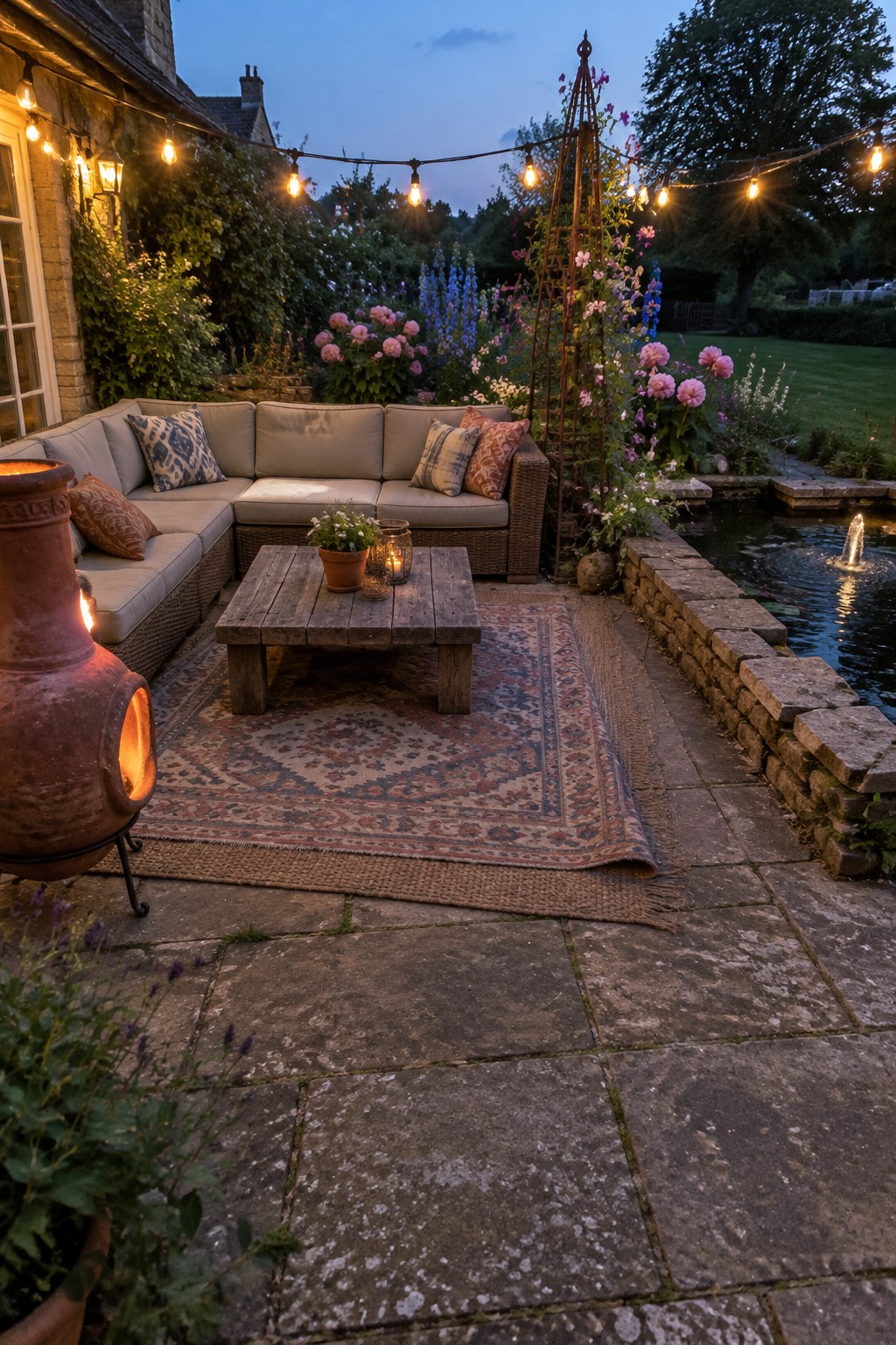 A cushioned wicker sofa and wooden coffee table sit on a stone patio beneath string lights, beside flower beds and a small pond.