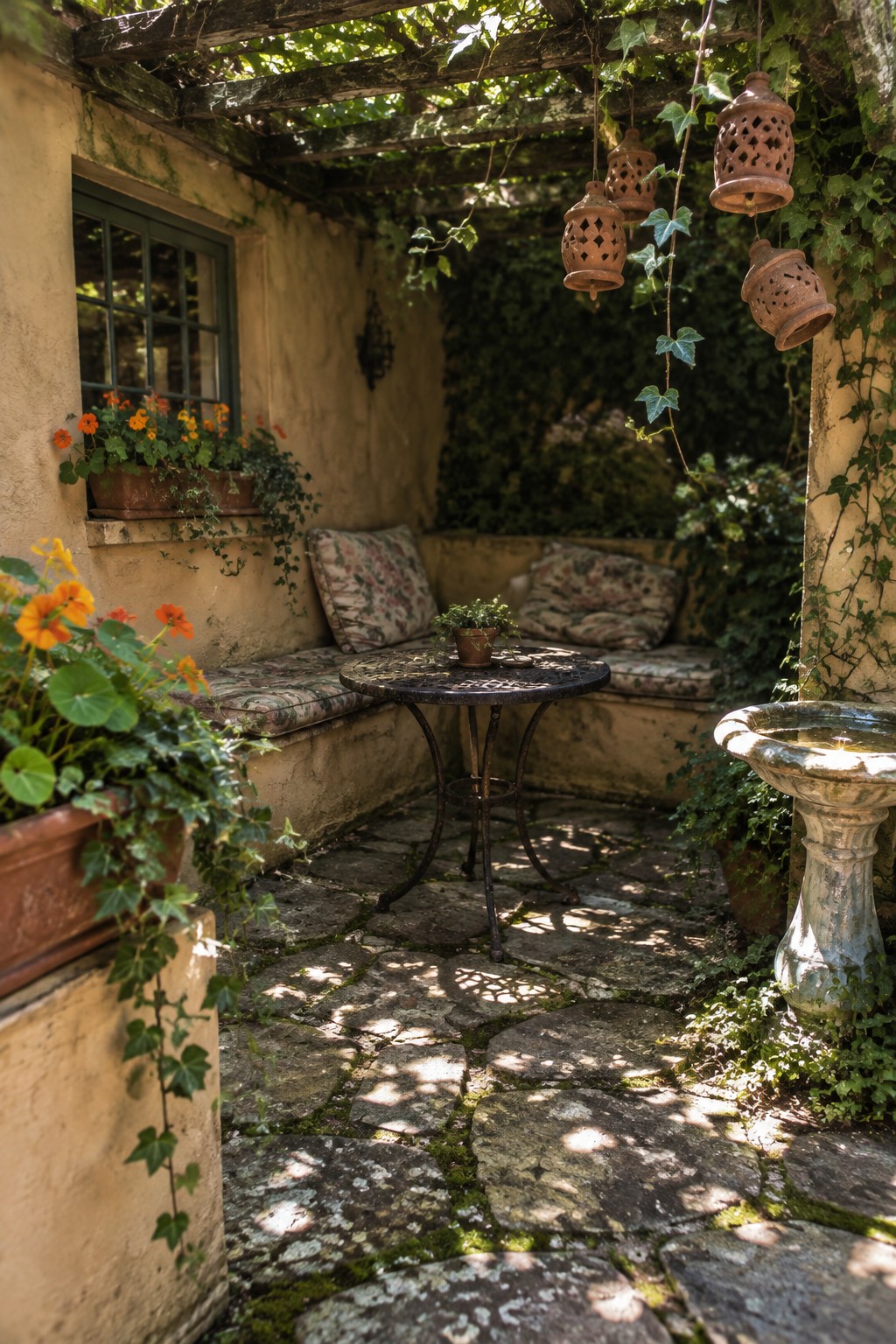 A stone patio with a cushioned built-in bench, a small round table, and a vine-covered wooden pergola.