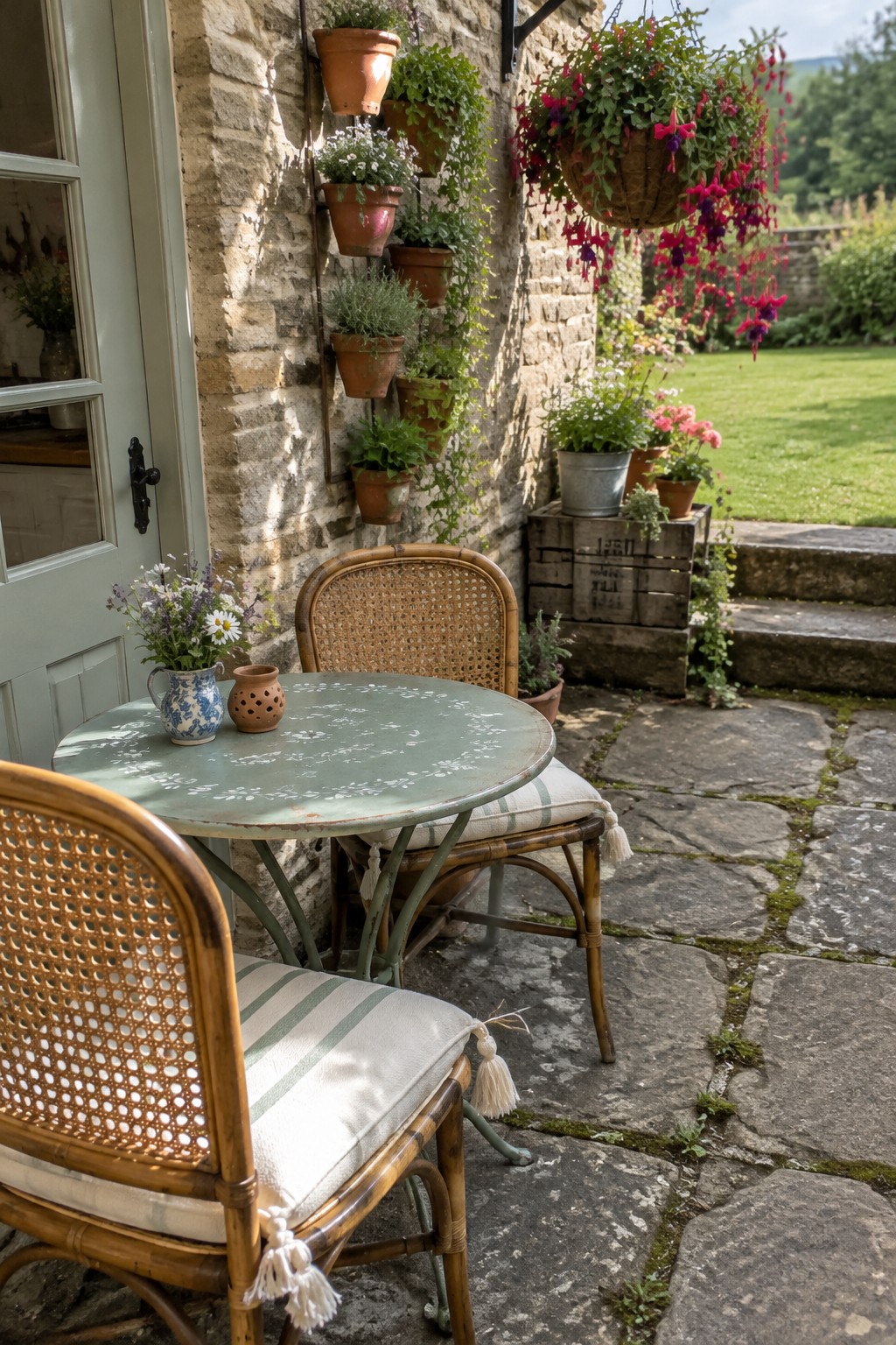 A stone cottage patio with wall-mounted flower pots beside a small round table and cane chairs.