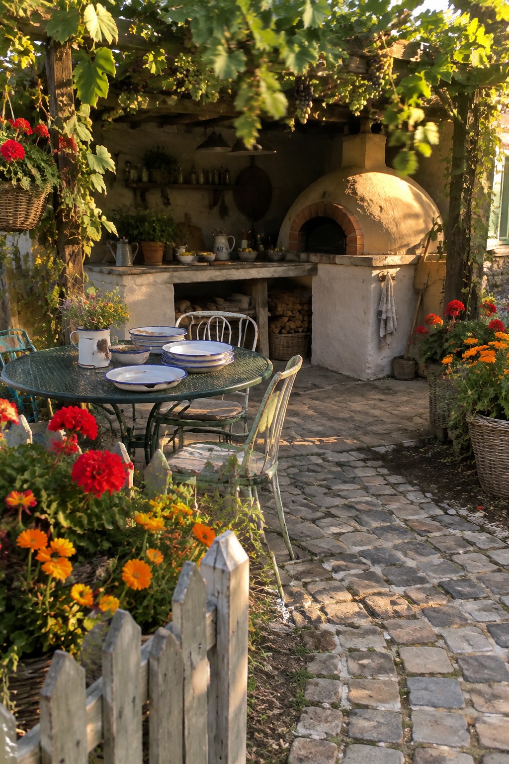 A built-in domed outdoor oven stands beside a work counter in a stone-paved garden patio with a dining table and flowers.