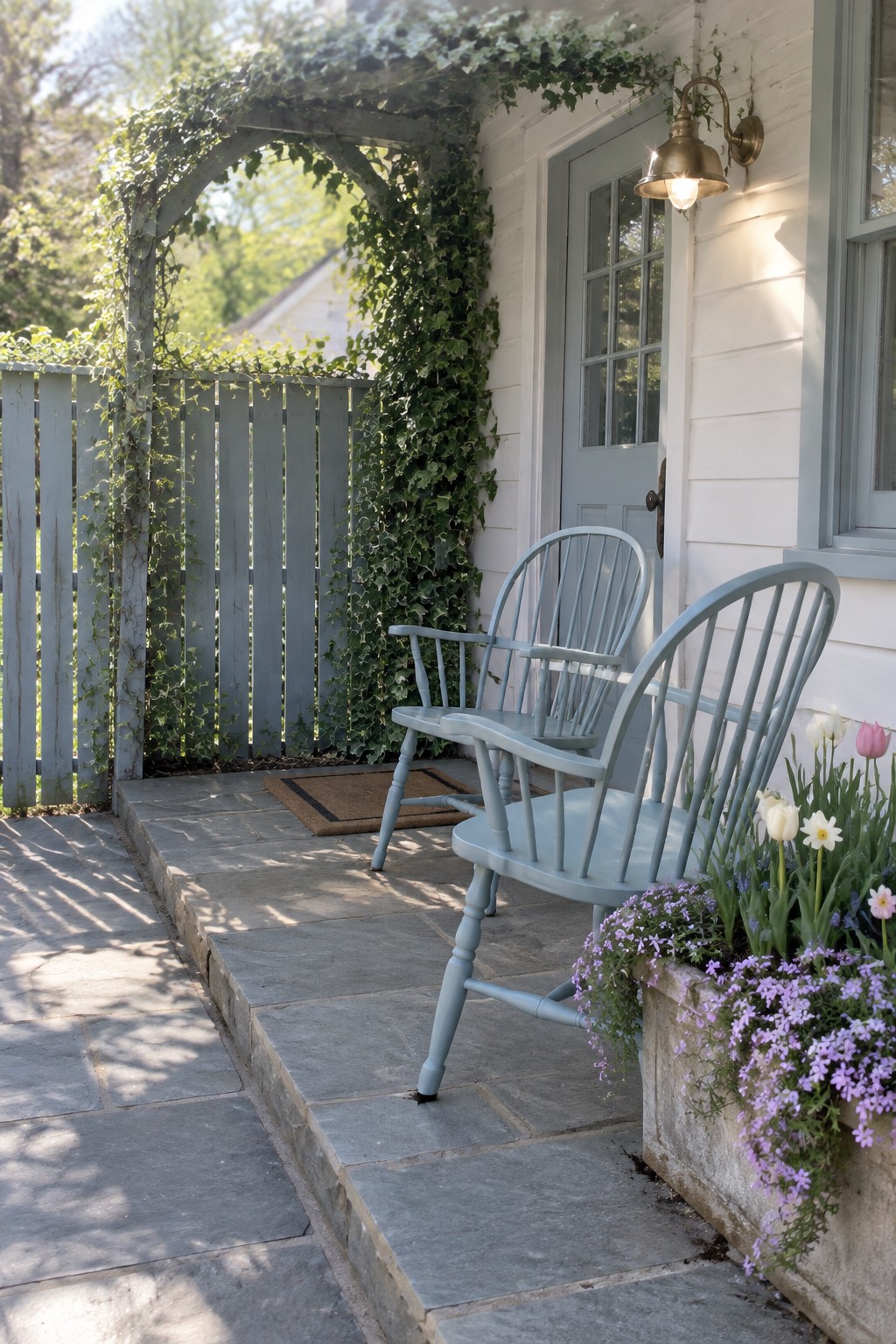 A stone patio beside a white house has two blue chairs, a blue fence, and a wooden garden arch covered in ivy.