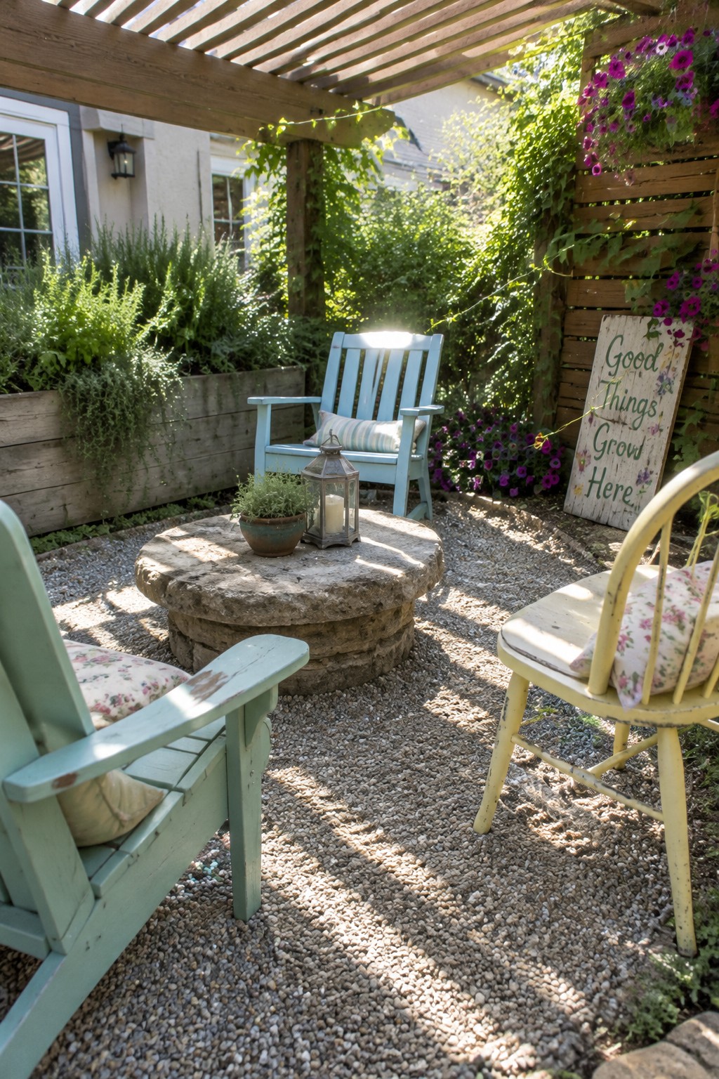 A wooden pergola shades a gravel patio with pastel chairs, a round stone table, and flowering vines.