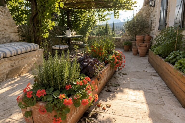 A narrow stone patio has a long raised planter filled with herbs and flowering plants beside a small outdoor dining table.