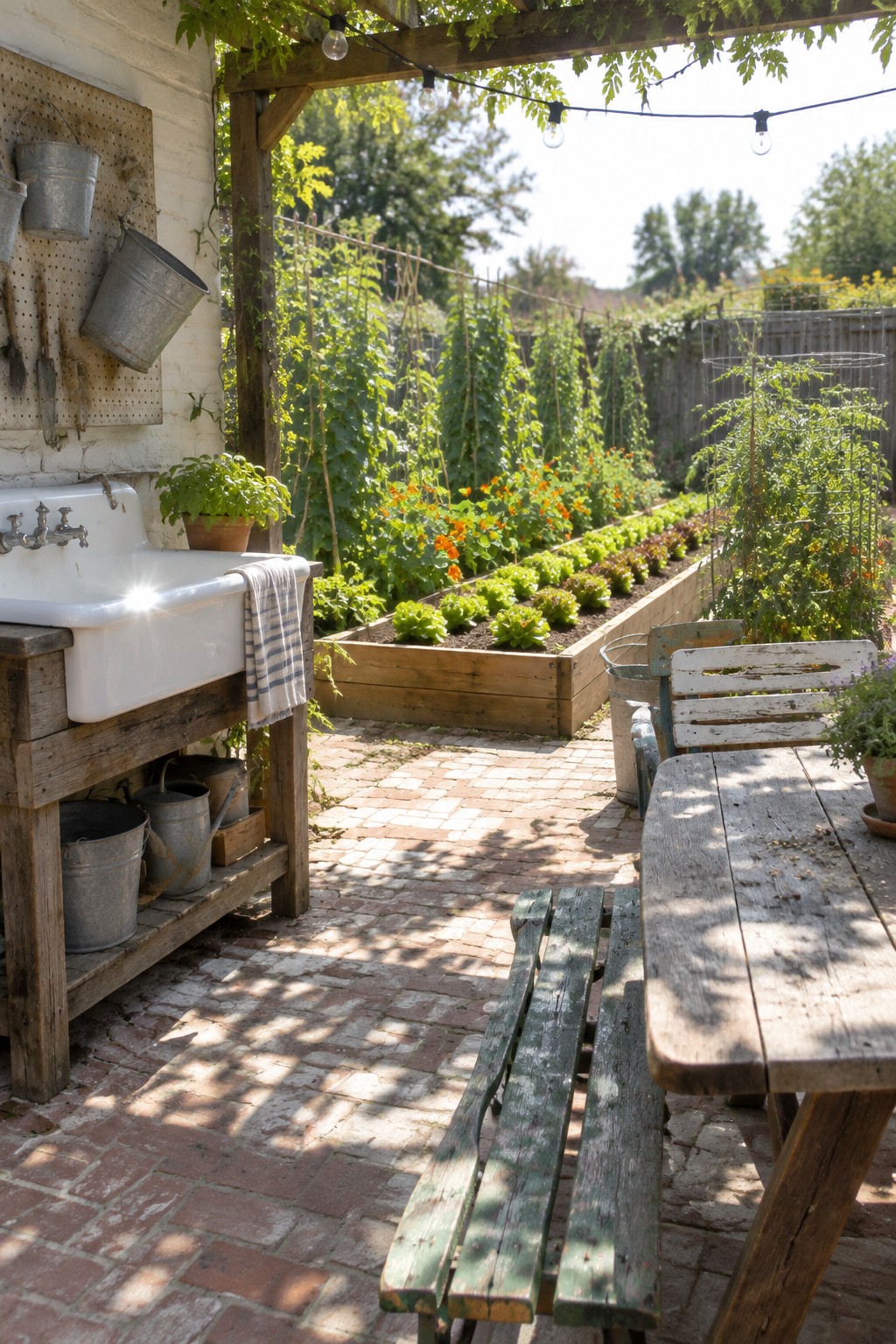 Raised wooden garden beds with leafy vegetables and orange flowers beside a brick patio with a picnic table.