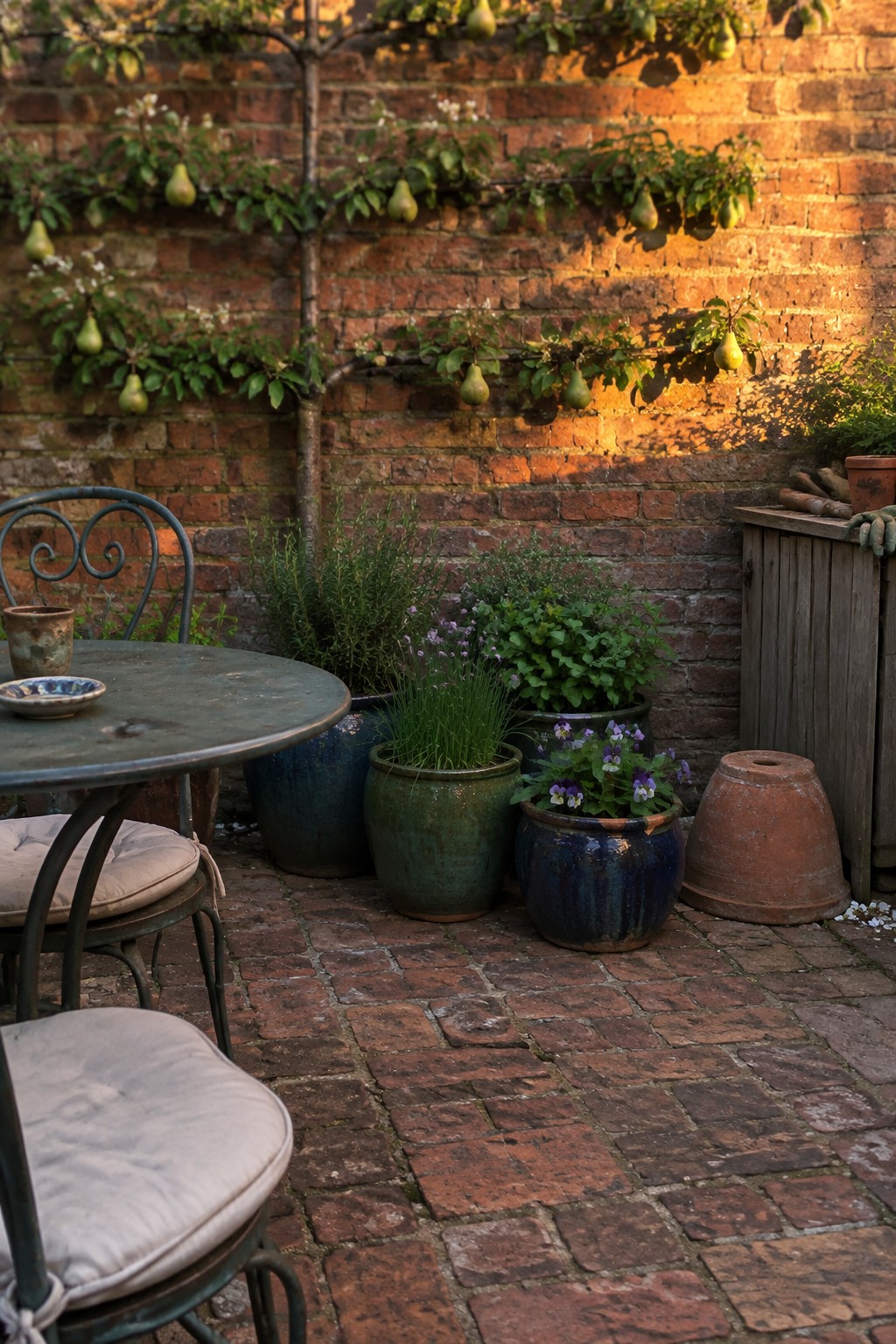A pear tree trained along a brick wall above a small patio with potted plants and metal seating.