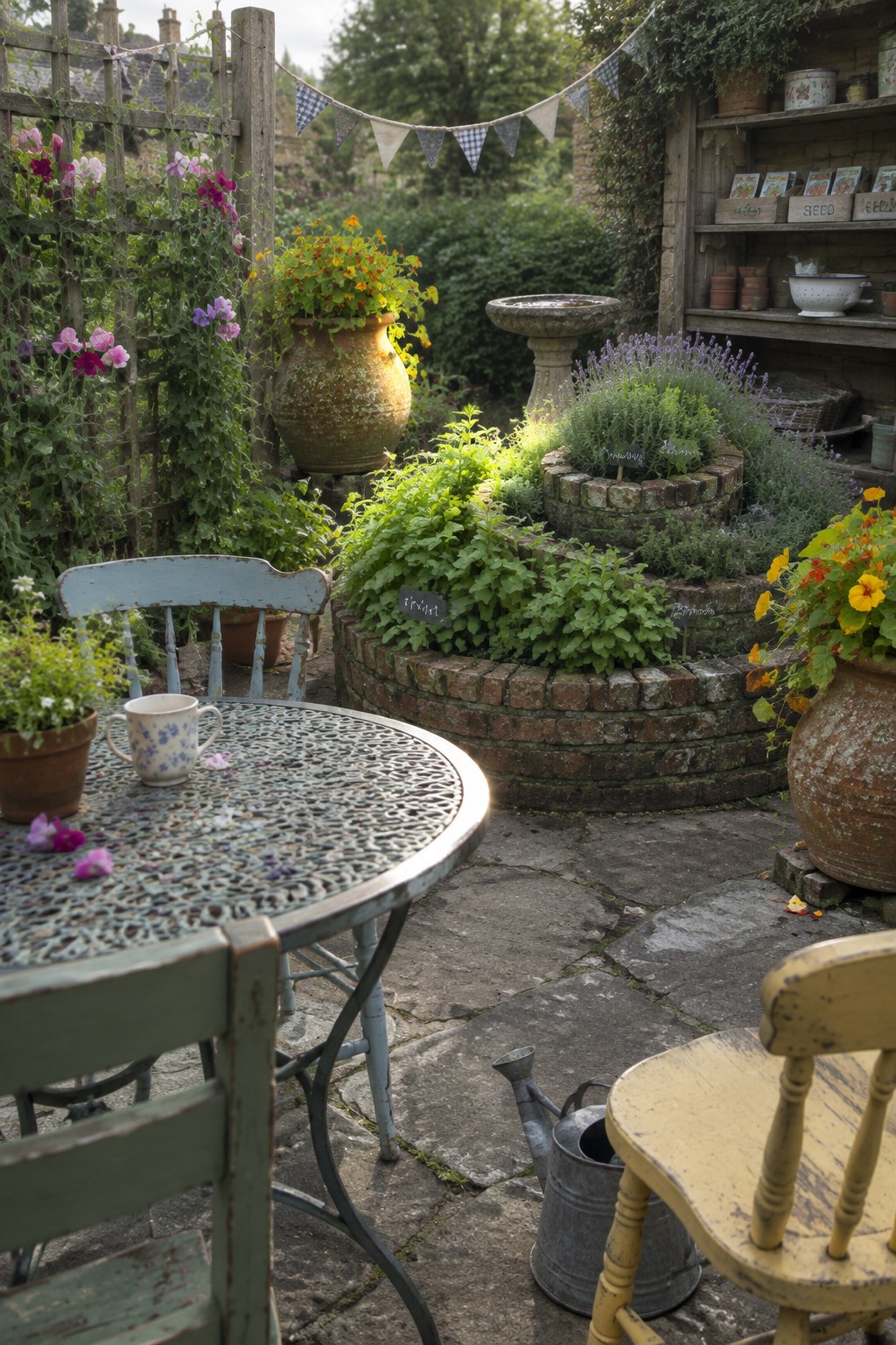 A circular raised brick bed of herbs sits on a stone patio beside a metal table and garden chairs.