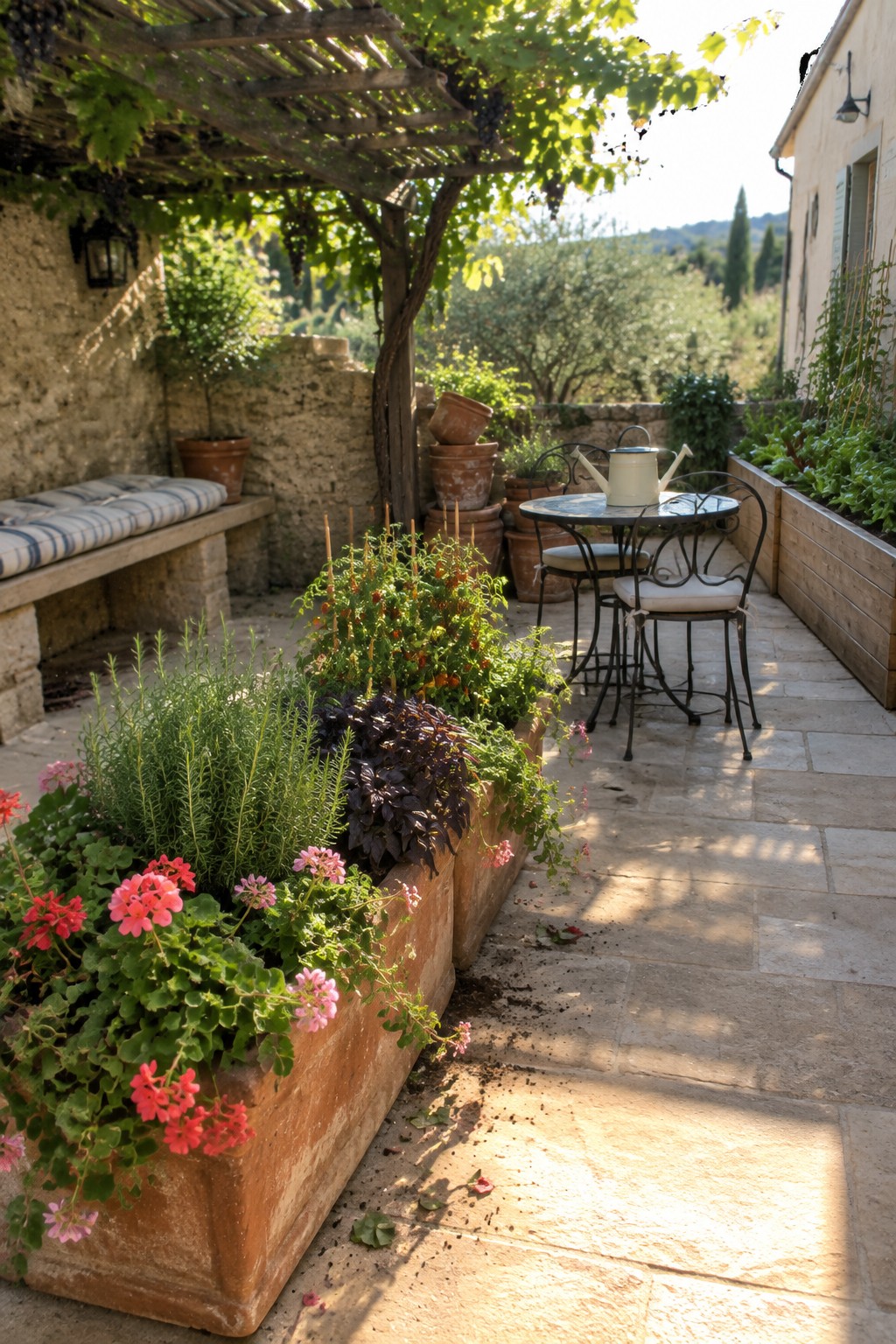 A narrow stone patio has a long raised planter filled with herbs and flowering plants beside a small outdoor dining table.