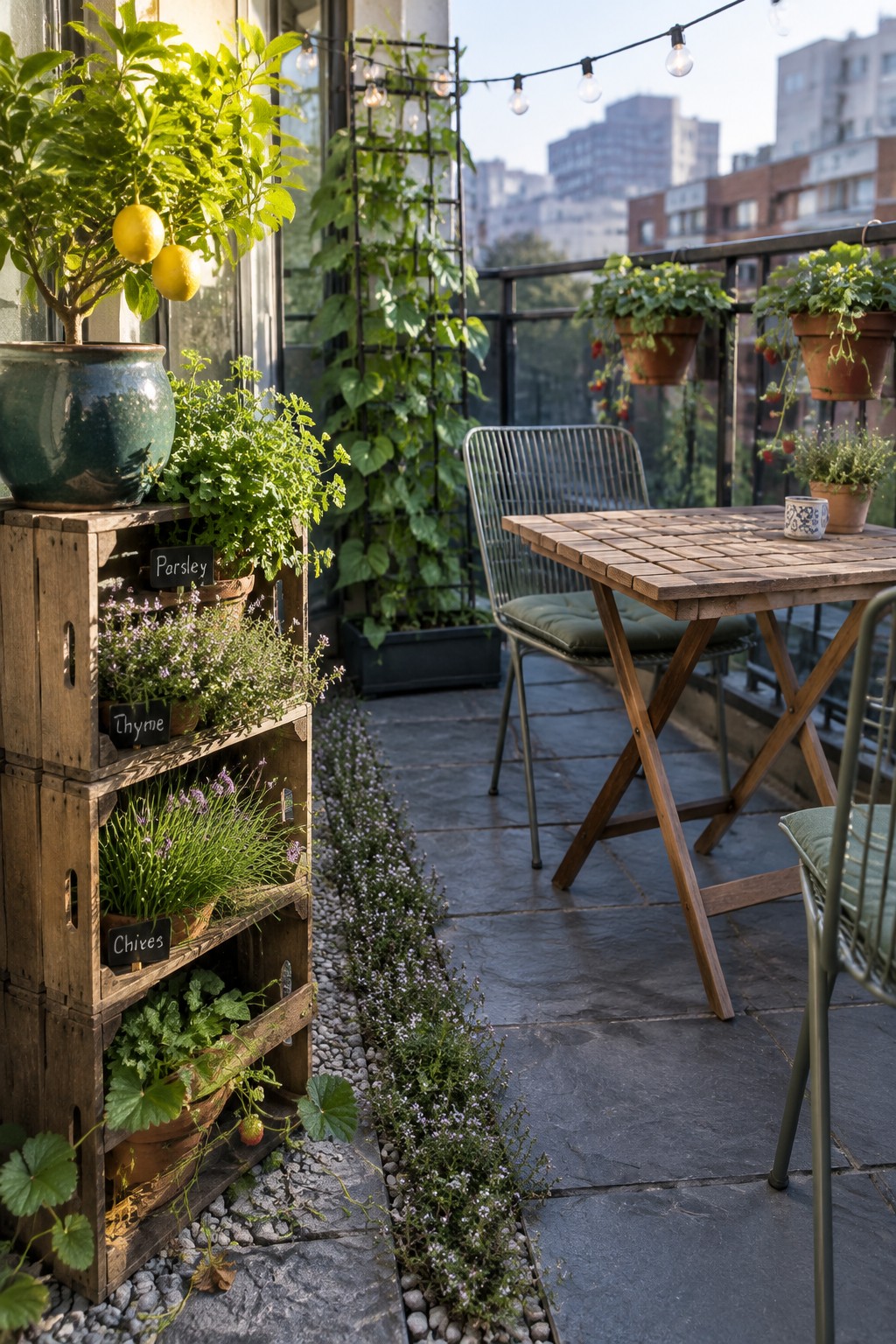 A tiered wooden planter filled with labeled herbs sits beside a patio table and chairs.