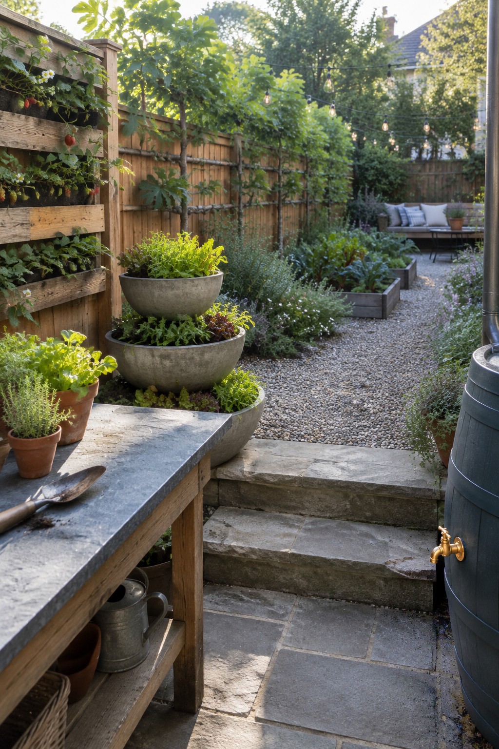 A wooden potting bench with a gray worktop stands beside potted herbs, tiered planters, and a gravel garden path.