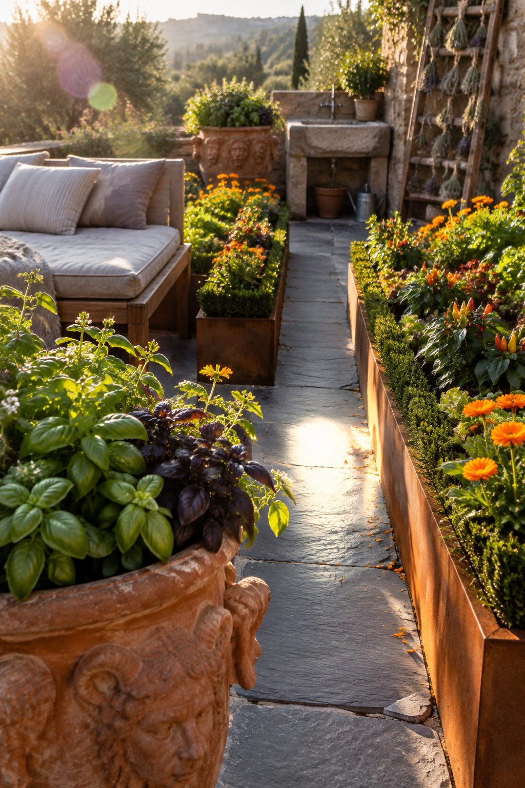 A stone path runs between raised patio beds filled with flowers and greenery beside an outdoor sofa.