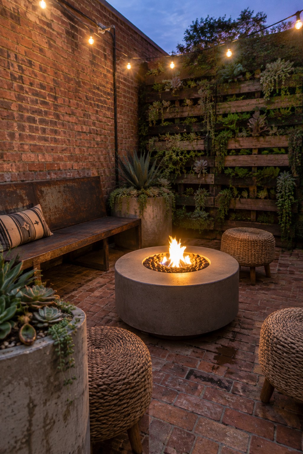 A round concrete fire pit sits on a brick patio with a metal bench, woven stools, string lights, and a planted wooden wall.