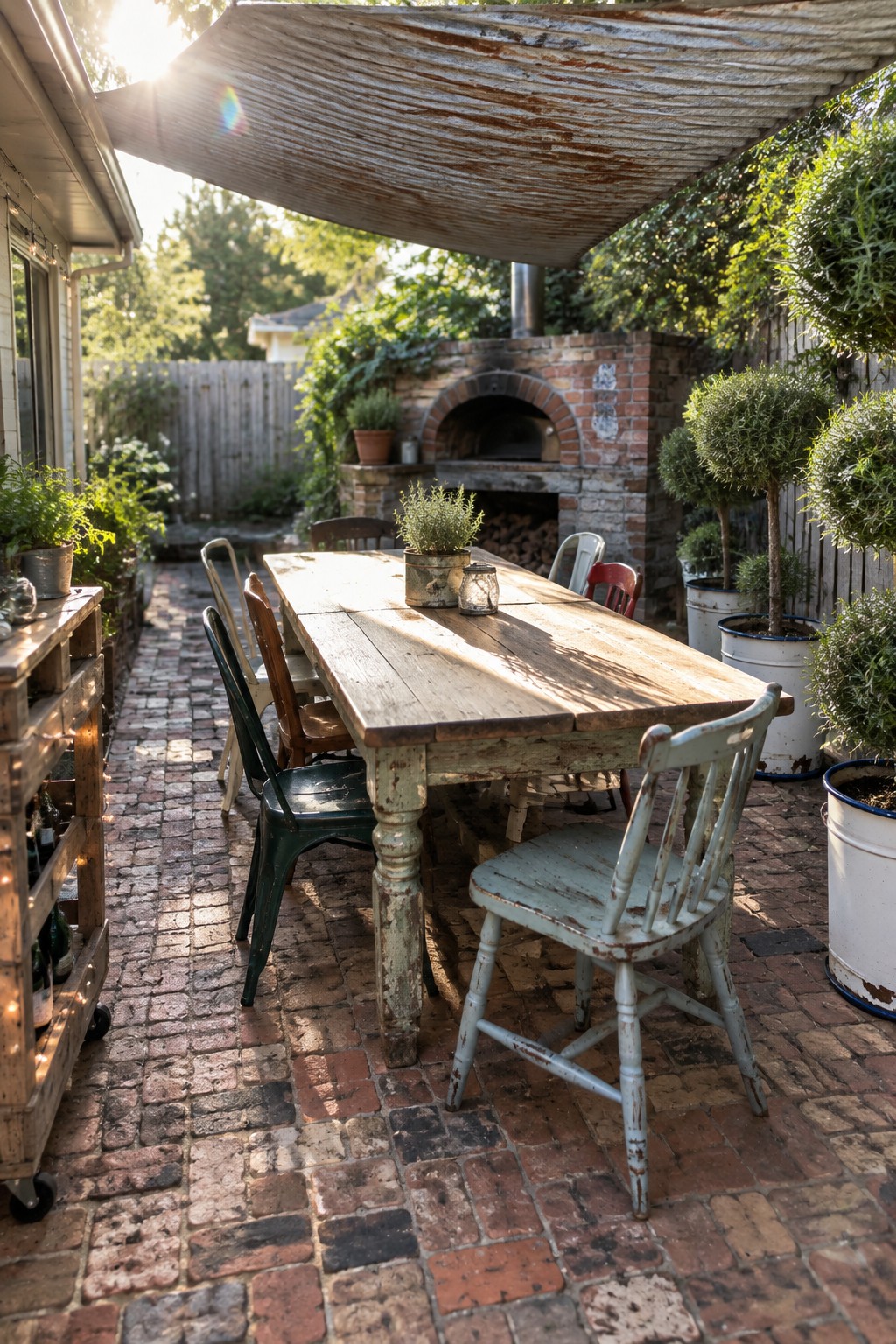 A wooden dining table and mismatched chairs sit on a brick patio beneath a weathered pergola, with a brick oven at the far end.