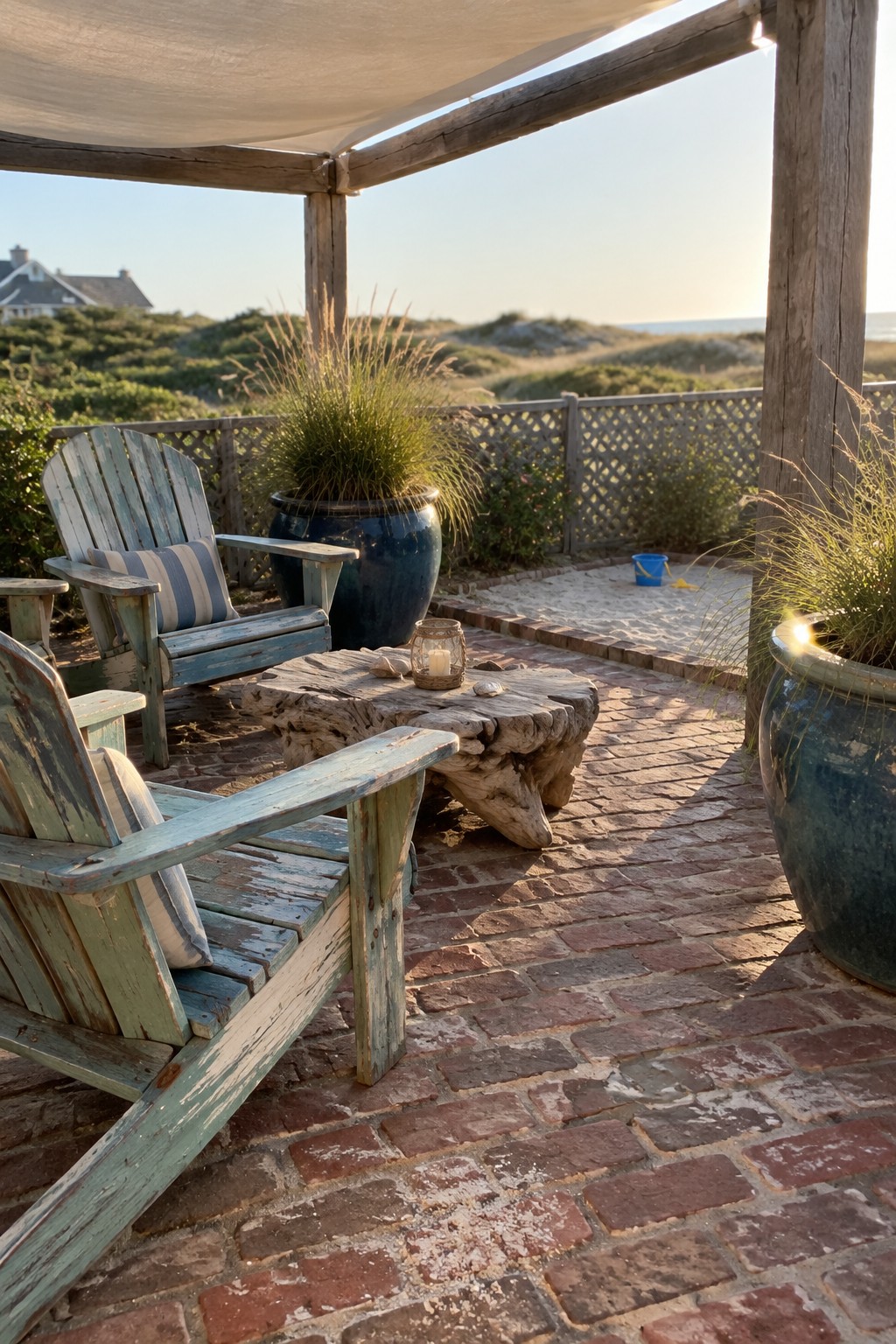 Weathered wooden chairs and a rough-hewn table sit on a brick patio beneath a timber shade structure.