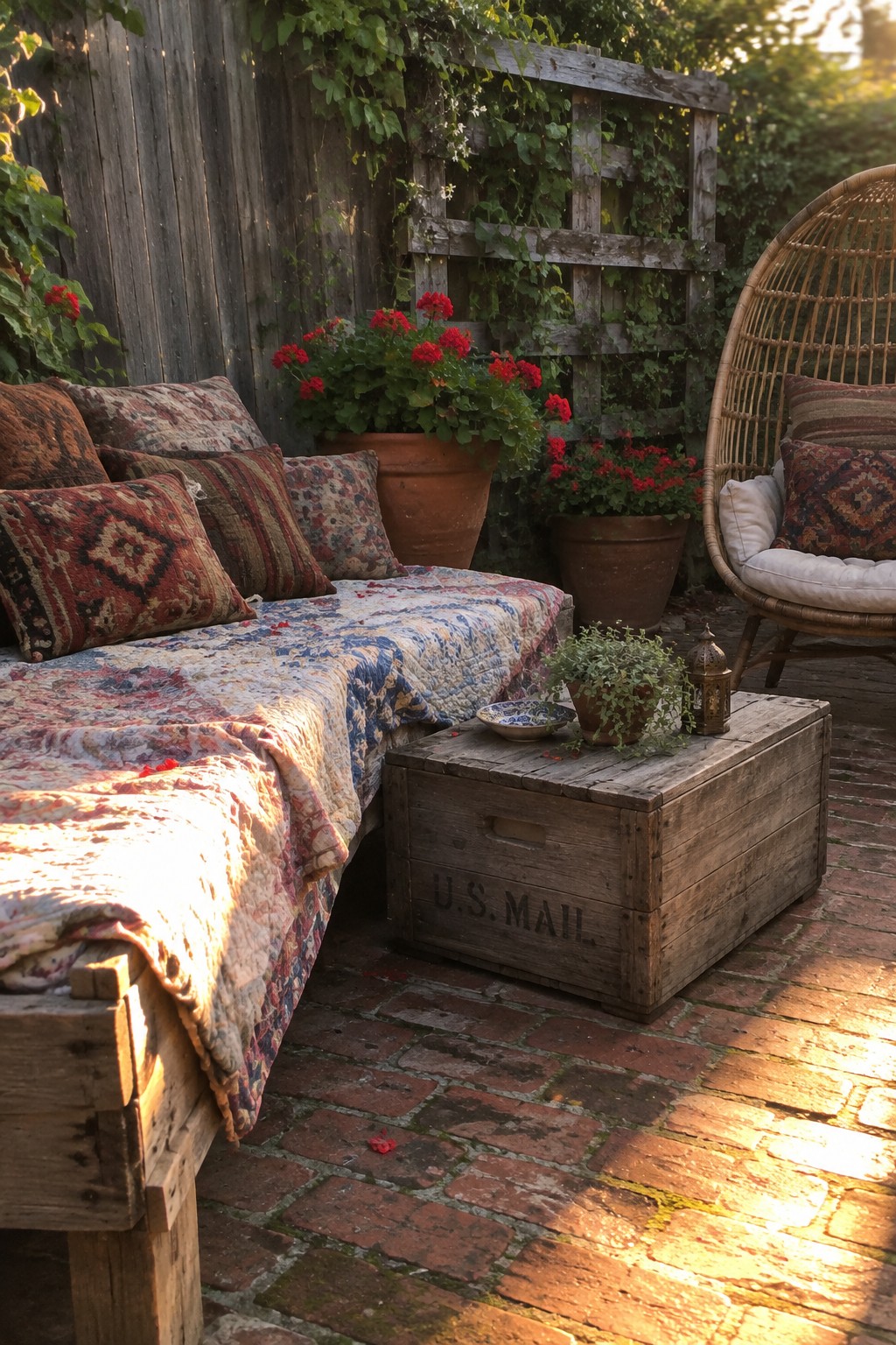 A wooden bench with patterned cushions sits on a brick patio beside potted red flowers and a wicker chair.