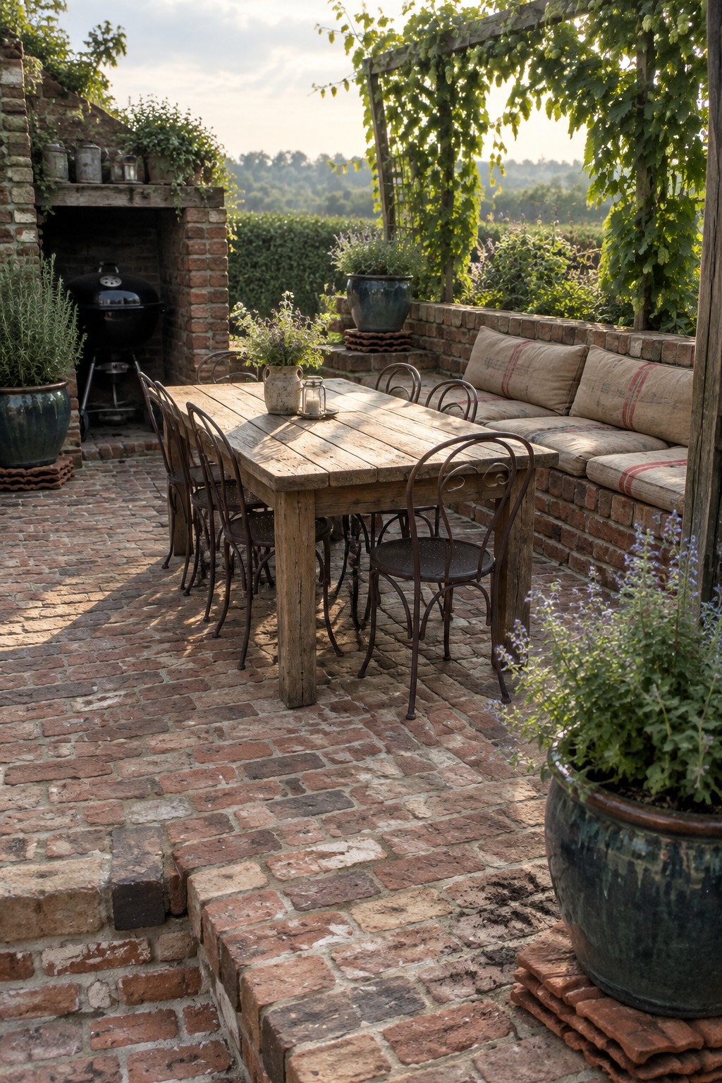 A brick patio with a wooden dining table, metal chairs, a built-in cushioned bench, and a vine-covered pergola.