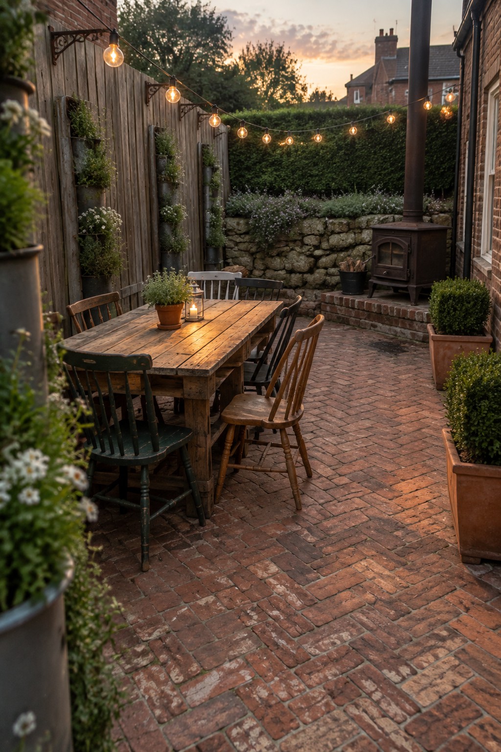 A wooden dining table and chairs sit on a reclaimed brick patio beside a wooden fence, with string lights overhead and a small wood stove at the far end.