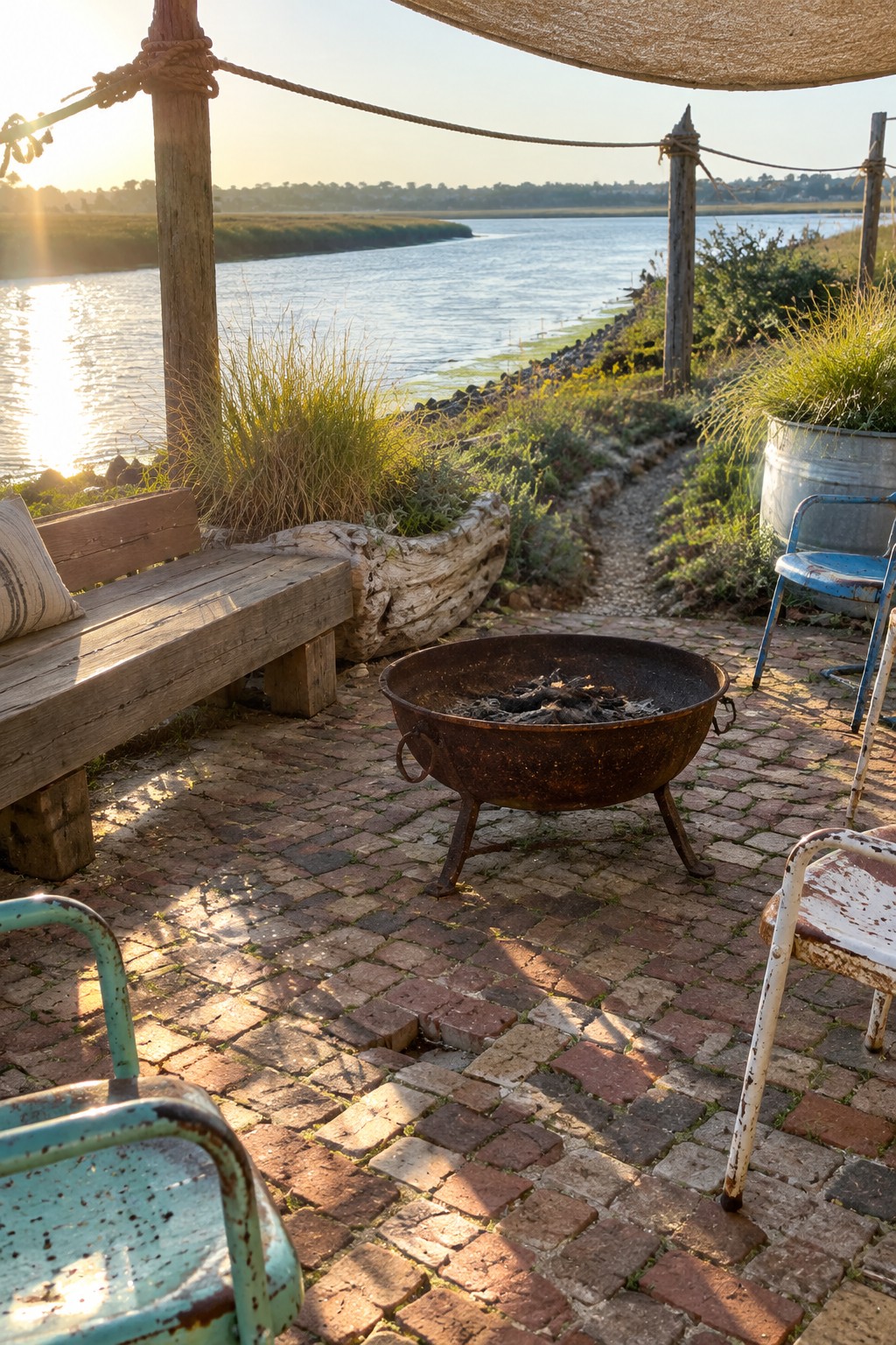 A rustic brick patio beside a river has a metal fire bowl, a wooden bench, and several weathered metal chairs.