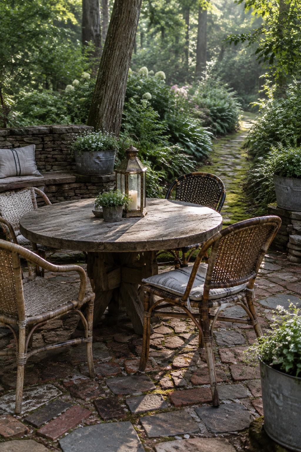 A round wooden table and woven chairs sit on a reclaimed brick patio beside a stone wall and garden path.