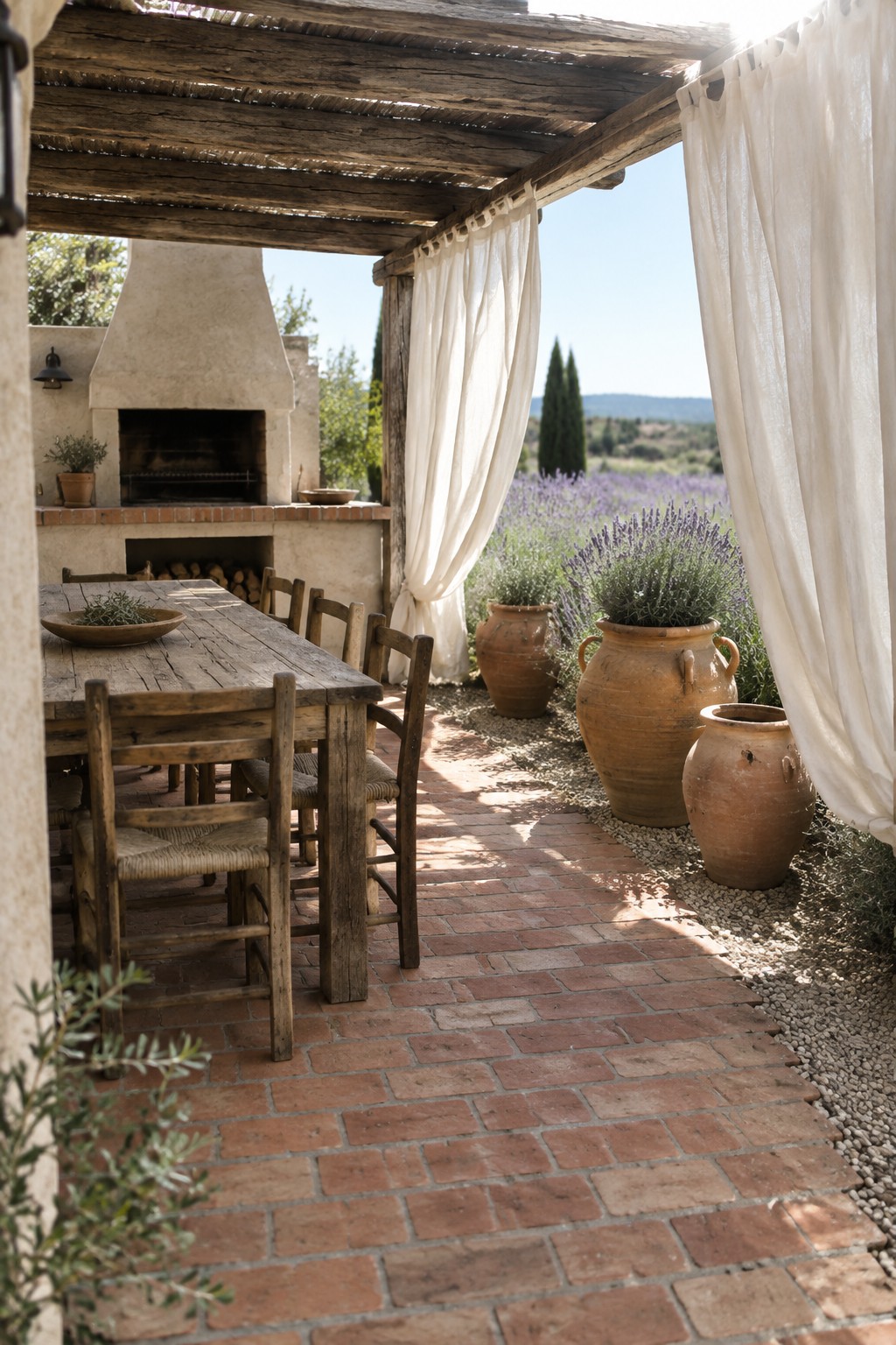 A rustic outdoor dining area with a timber pergola, brick paving, a wooden table, and white curtains beside a built-in fireplace.