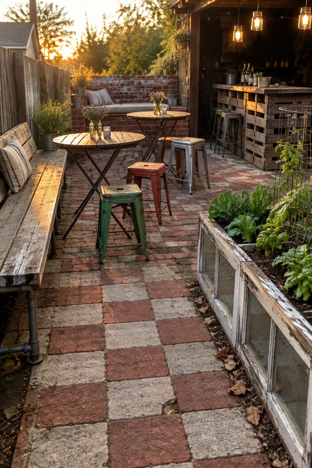 A brick-paved patio has round wooden tables, a long bench, metal stools, and a rustic outdoor bar.
