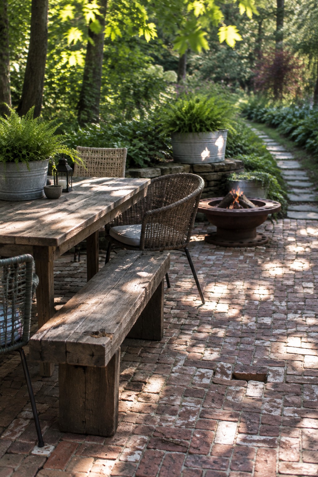 A rustic wooden dining table and benches sit on a brick patio beside wicker chairs, potted ferns, and a metal fire pit.