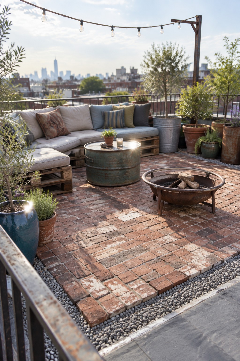 A rooftop patio has a reclaimed brick seating area, pallet sofa, round metal table, fire pit, potted plants, and string lights.