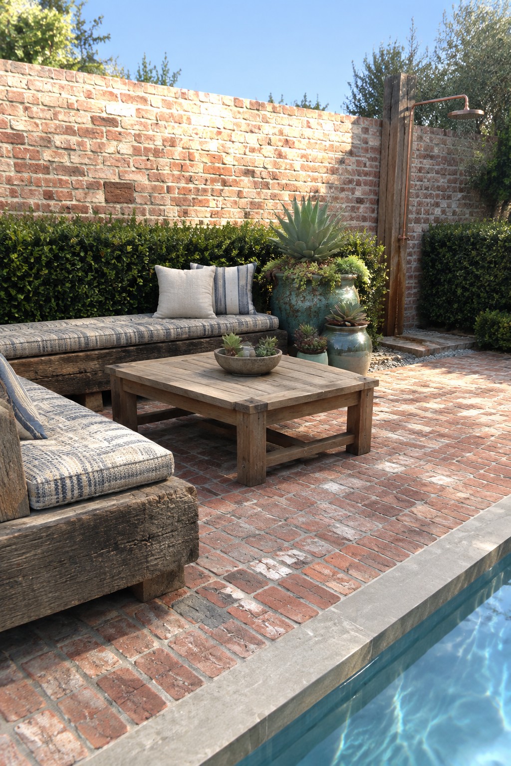 A rustic brick patio beside a swimming pool with wooden seating, a low table, and potted succulents.