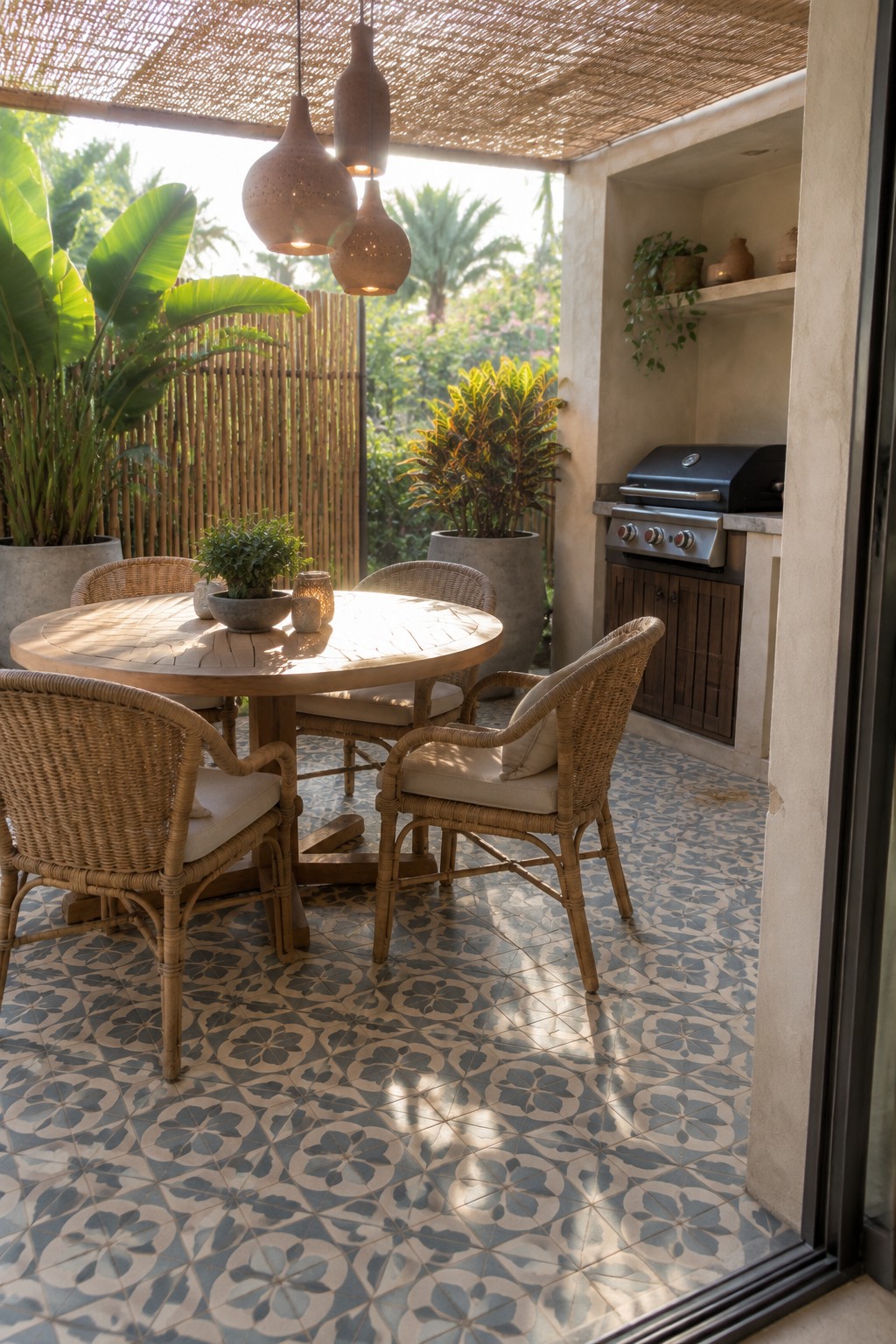A round wooden dining table and wicker chairs sit on a patterned tile patio beside a built-in grill.