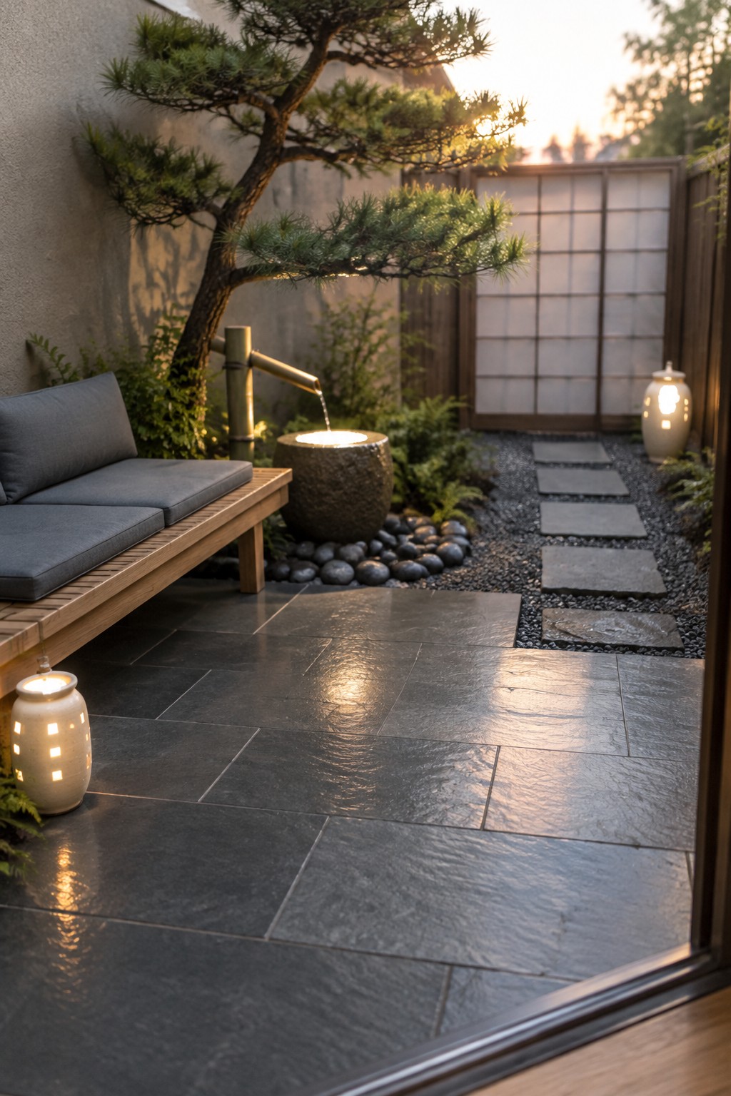 A bamboo spout pours water into a stone basin beside a wooden bench on a tiled patio.