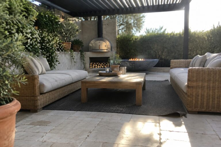 21 Back Patio Makeover Ideas Without Replacing the Existing Footprint A covered patio with wicker sofas, a wood coffee table, an outdoor fireplace, and a fire bowl.