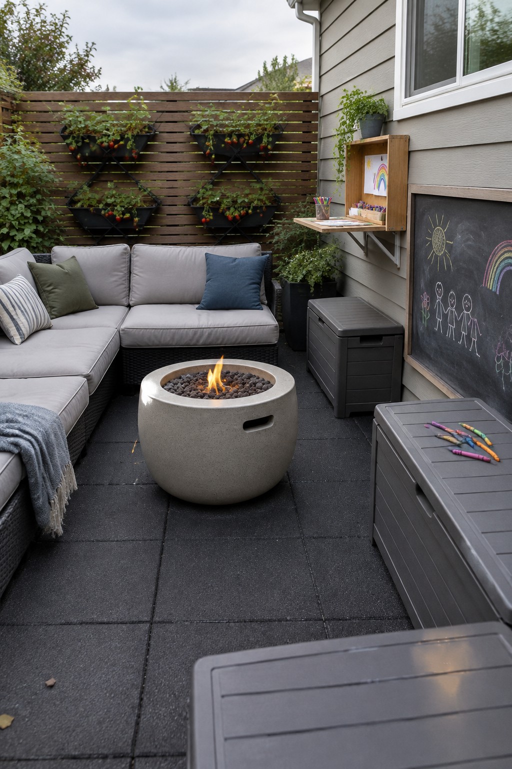 A patio fence holds several black planters growing strawberries above an outdoor sectional and a round fire pit.