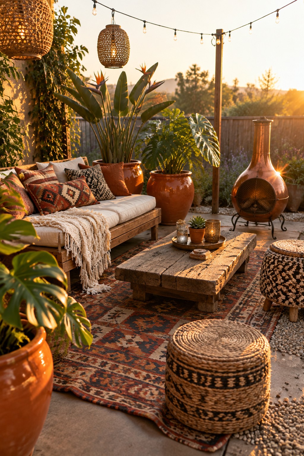 A patio seating area with a cushioned wooden bench, patterned outdoor rug, rustic coffee table, potted plants, string lights, and a chiminea.