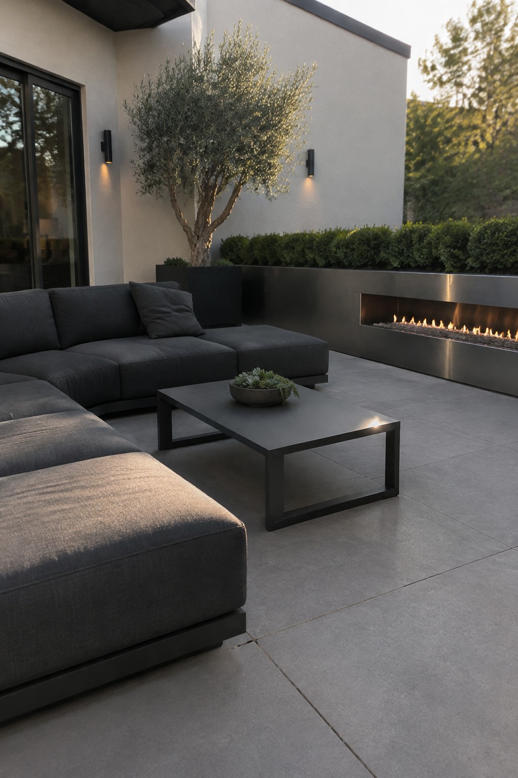 A charcoal sectional and low coffee table sit on a gray-tiled patio beside a long built-in gas fire feature.