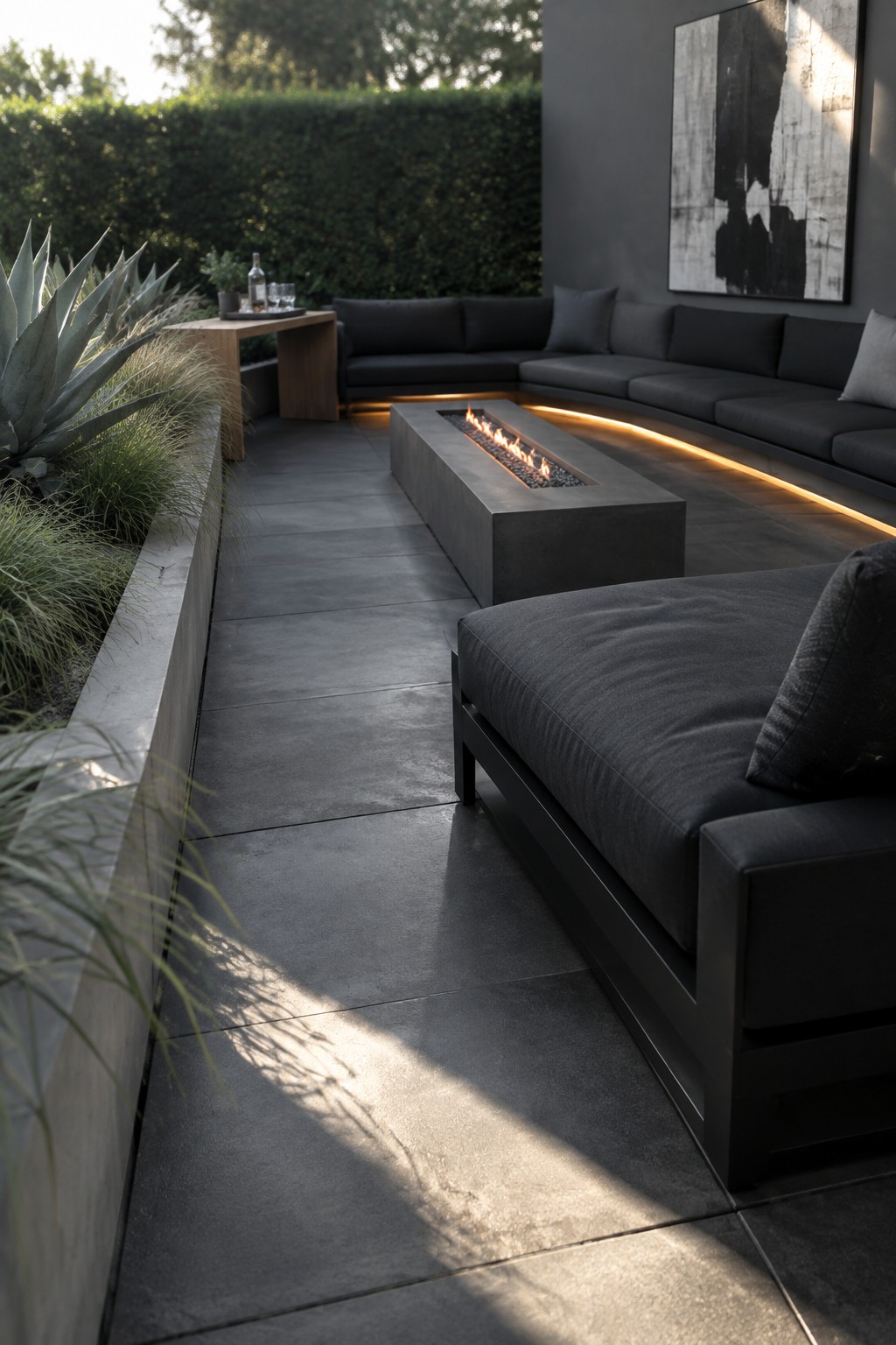 A rectangular concrete fire table sits in front of a dark sectional sofa on a tiled patio.