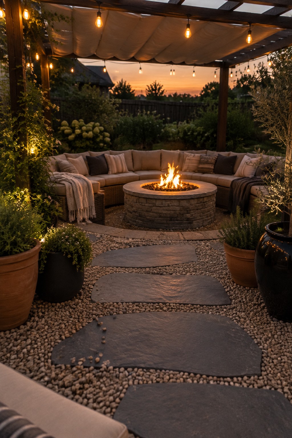 A round stone fire pit sits in front of a curved sectional beneath a covered patio with hanging lights.