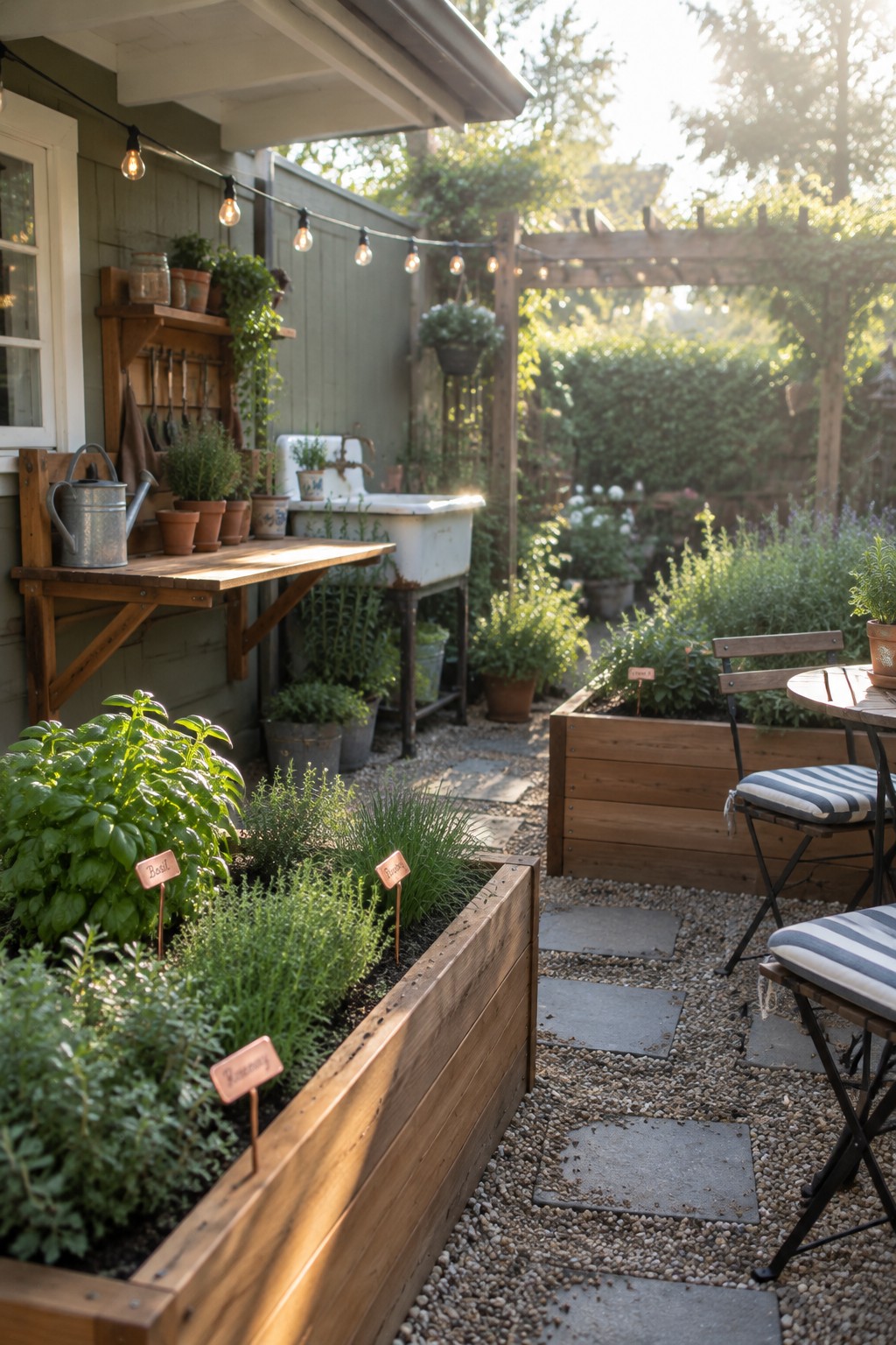 A wooden raised herb bed borders a gravel patio path with stepping stones and outdoor seating.