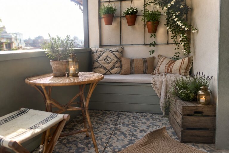 21 Beautiful Patio Garden Ideas for Small and Compact Outdoor Spaces A compact balcony with a corner bench, patterned cushions, a round wicker table, potted plants, and patterned floor tiles.