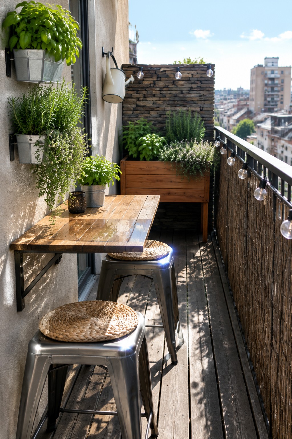 A narrow apartment balcony has a wall-mounted wooden table, two metal stools, potted herbs, and string lights along the railing.
