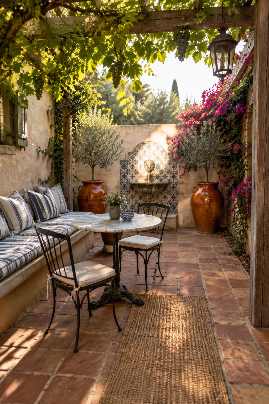 A narrow courtyard patio with a built-in bench, striped cushions, a small round table, two chairs, and a tiled fountain at the far end.