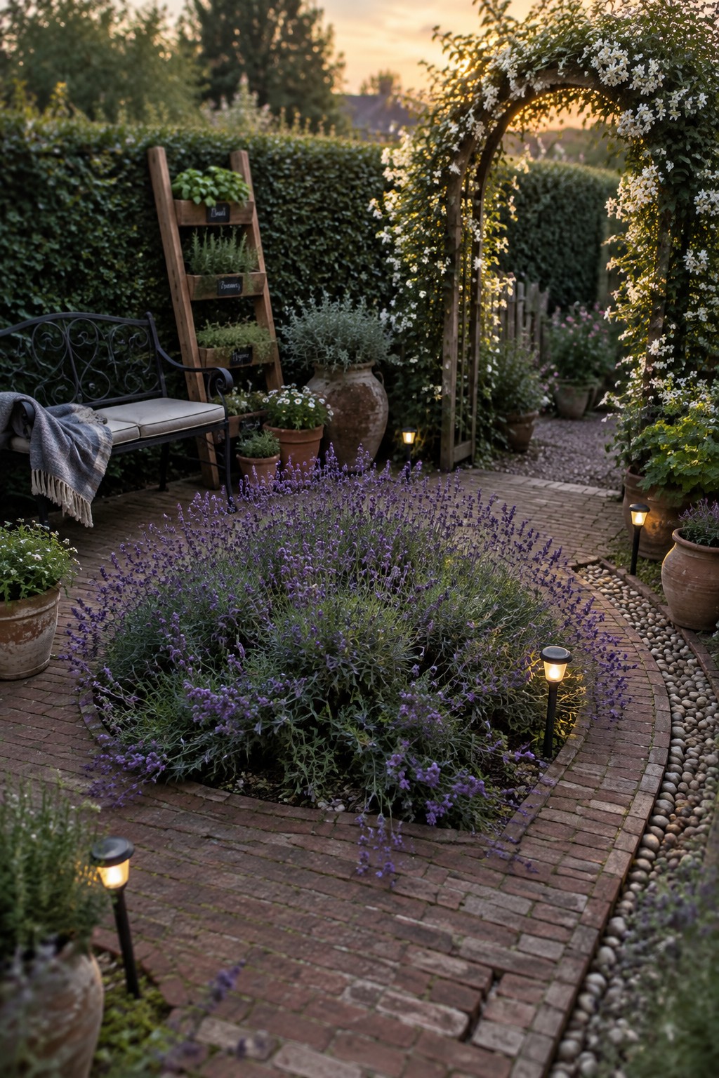 A curved brick path circles a central bed of purple flowers in a small garden.