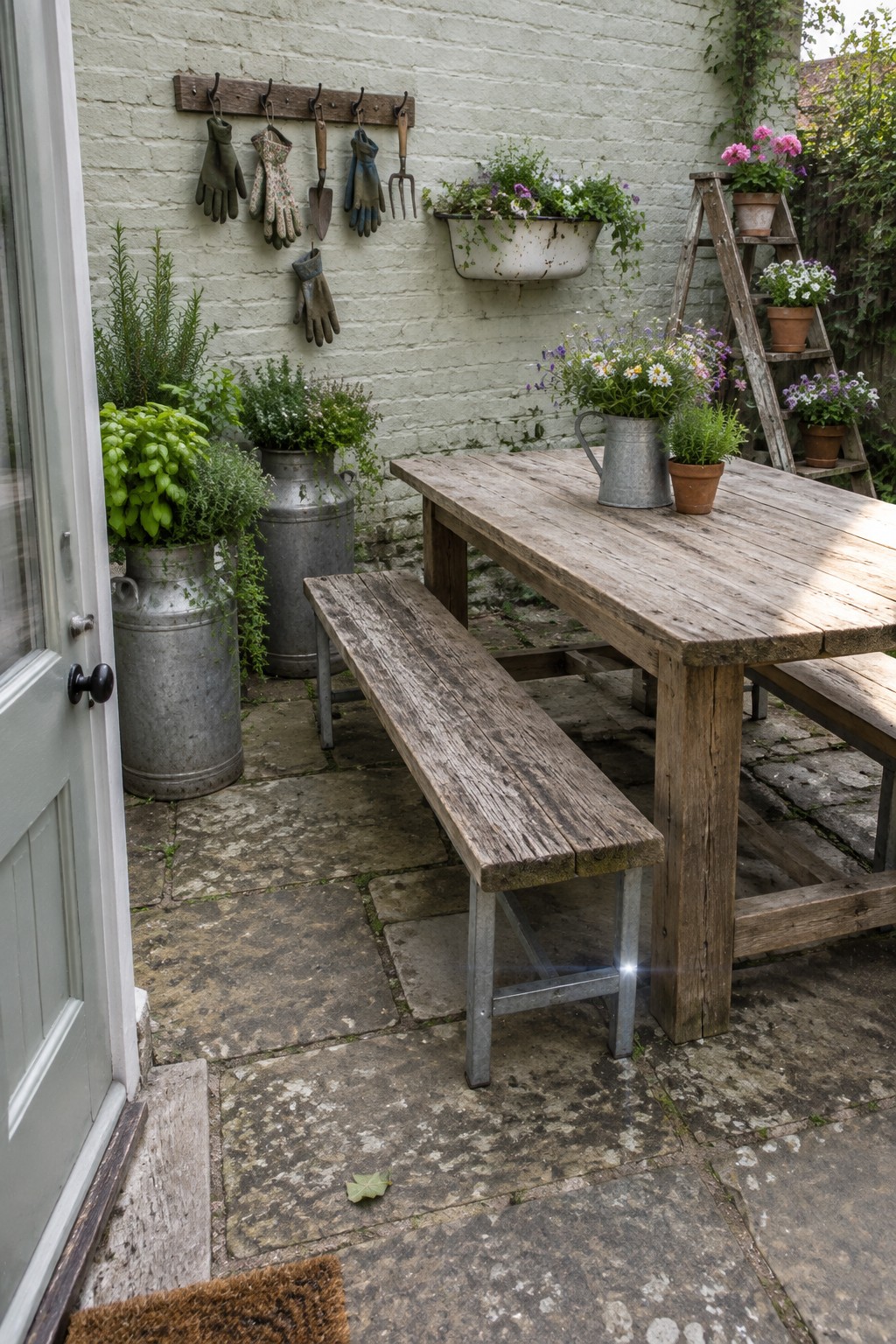 A weathered wooden picnic table and benches sit on a stone patio beside a white brick wall with potted flowers and hanging garden tools.