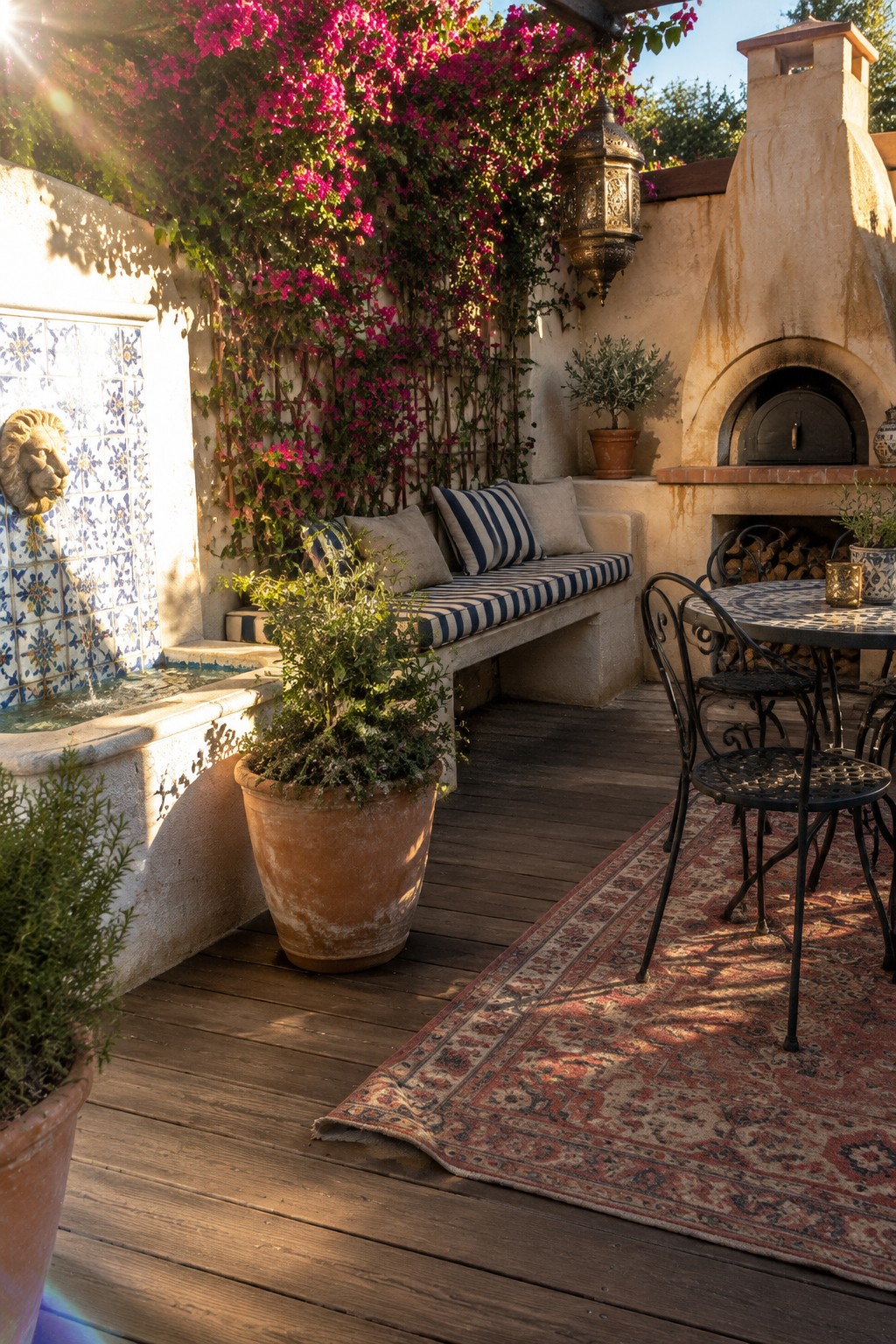 A wooden patio deck with a built-in cushioned bench, a small dining table, a tiled fountain, and a masonry oven.